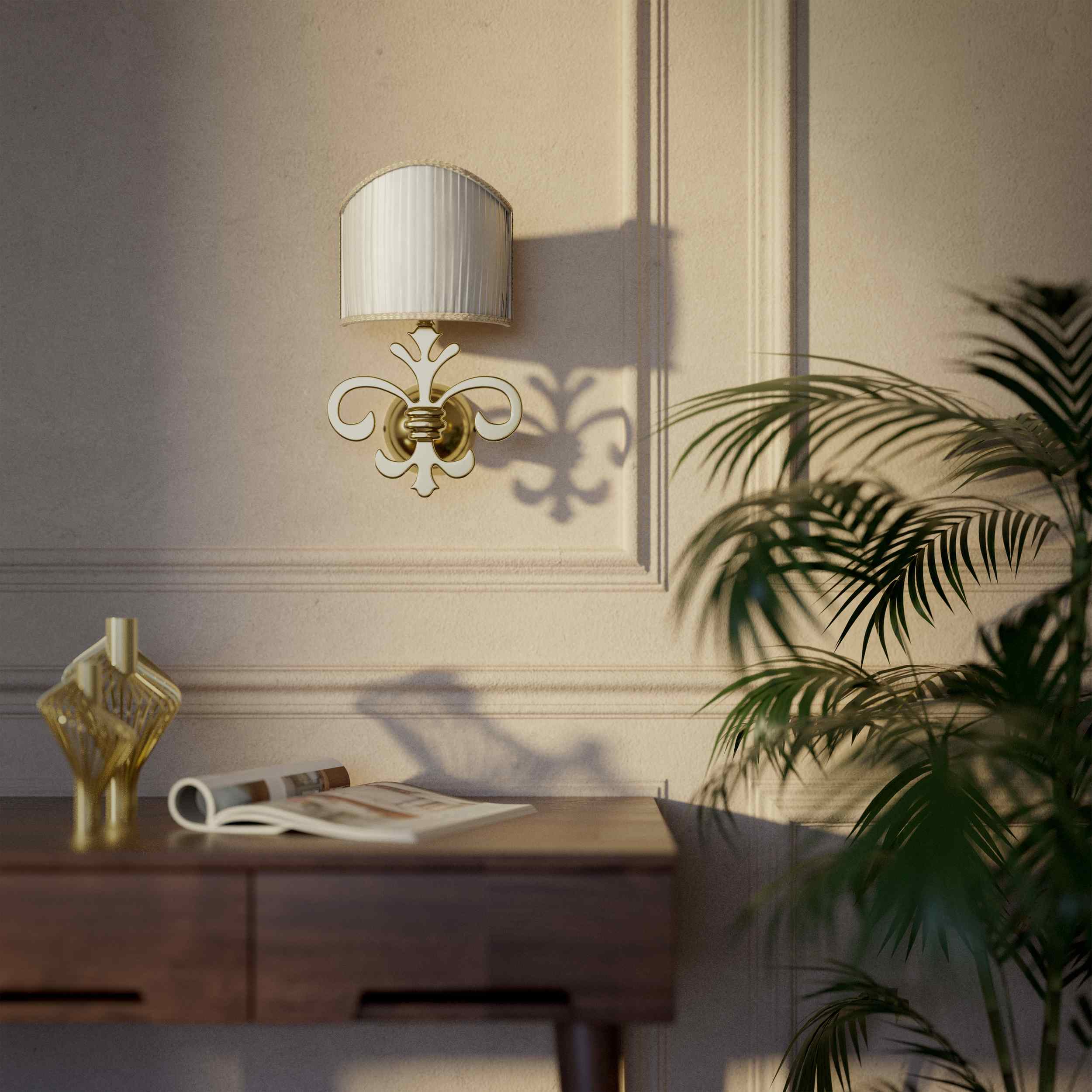 Baroque brass wall lamp with fleur-de-lis motif and decorative scrolls, ivory pleated shade, elegant classic style Made in Italy - Finish: OLV Polished Brass