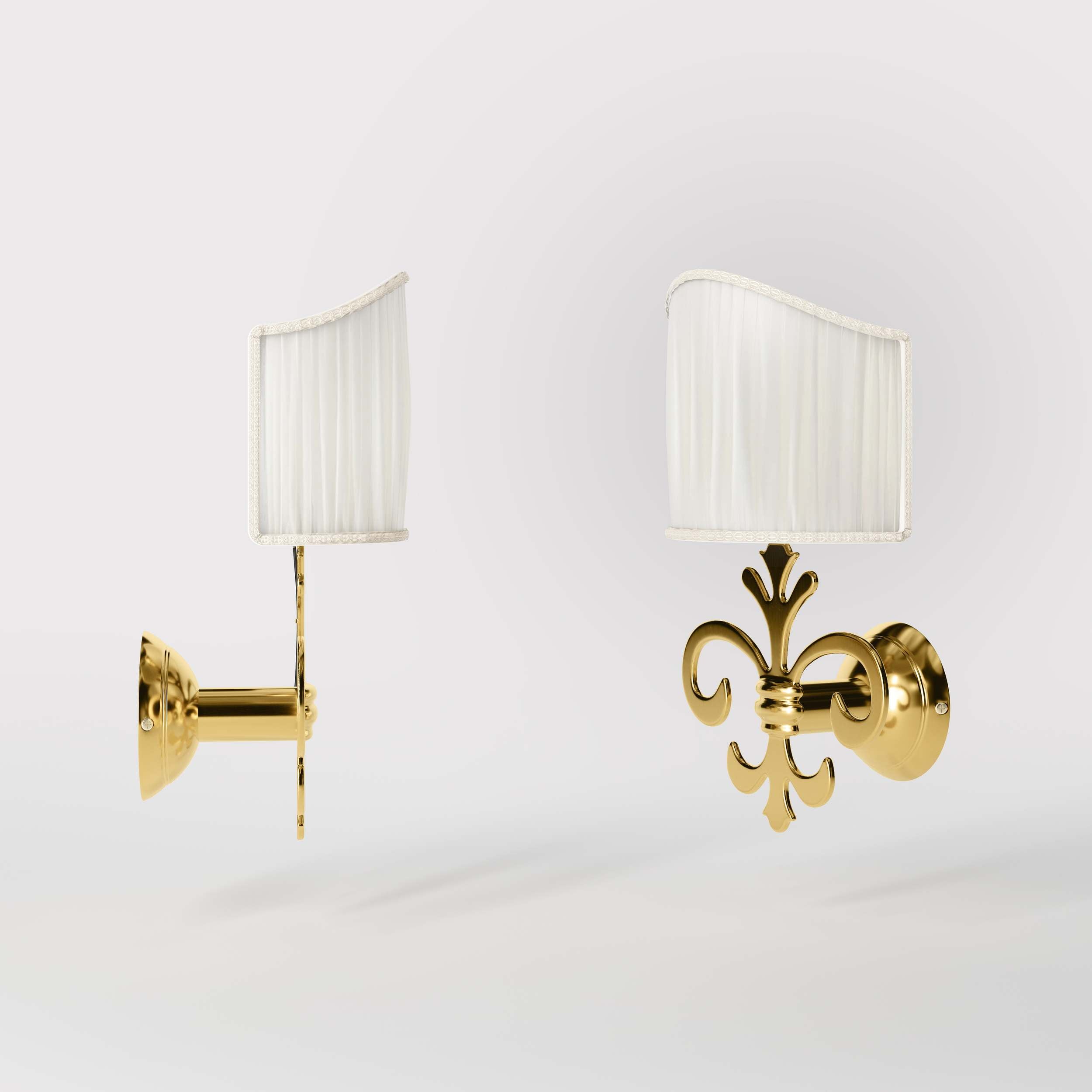 Baroque brass wall lamp with fleur-de-lis motif and decorative scrolls, ivory pleated shade, elegant classic style Made in Italy - Finish: ORO 24K Gold Plated