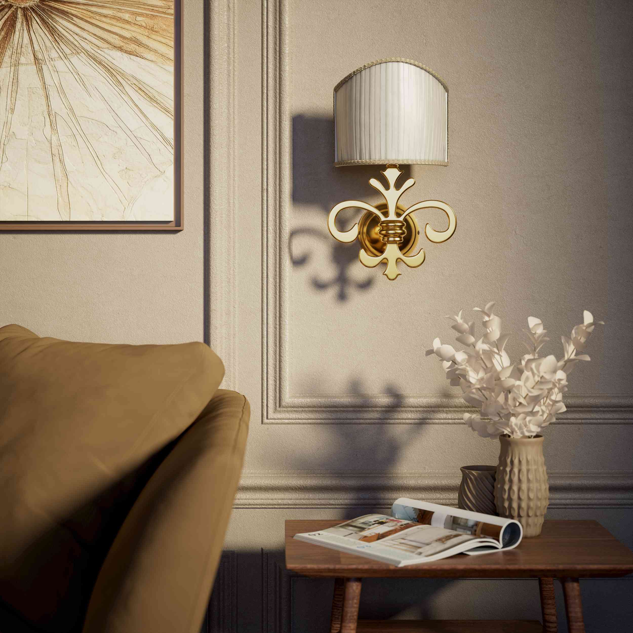 Baroque brass wall lamp with fleur-de-lis motif and decorative scrolls, ivory pleated shade, elegant classic style Made in Italy - Finish: ORO 24K Gold Plated