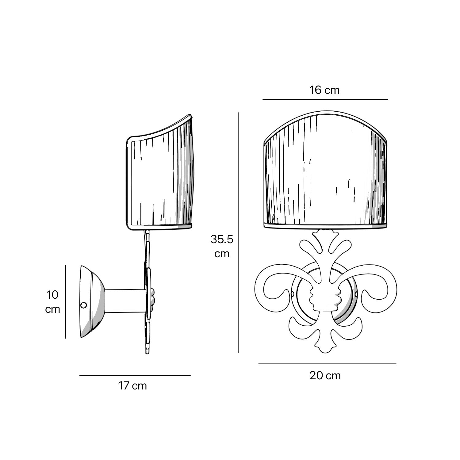 Baroque brass wall lamp with fleur-de-lis motif and decorative scrolls, ivory pleated shade, elegant classic style Made in Italy
