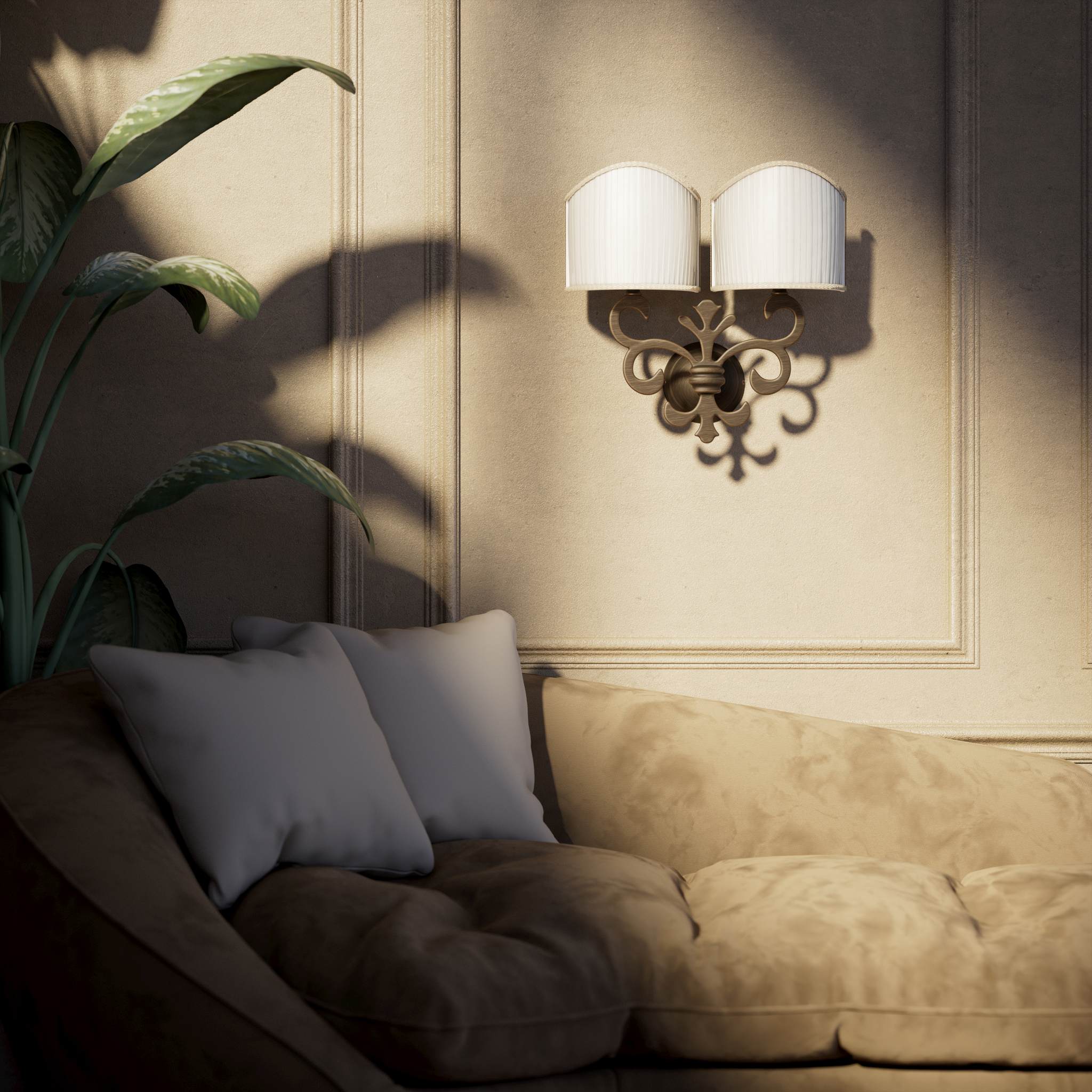 Neoclassical twin brass wall lamp with fleur-de-lis motif and symmetrical scrolls, white pleated shades, elegant Italian design - Finish: OBM Bronze Satin Matt Brass