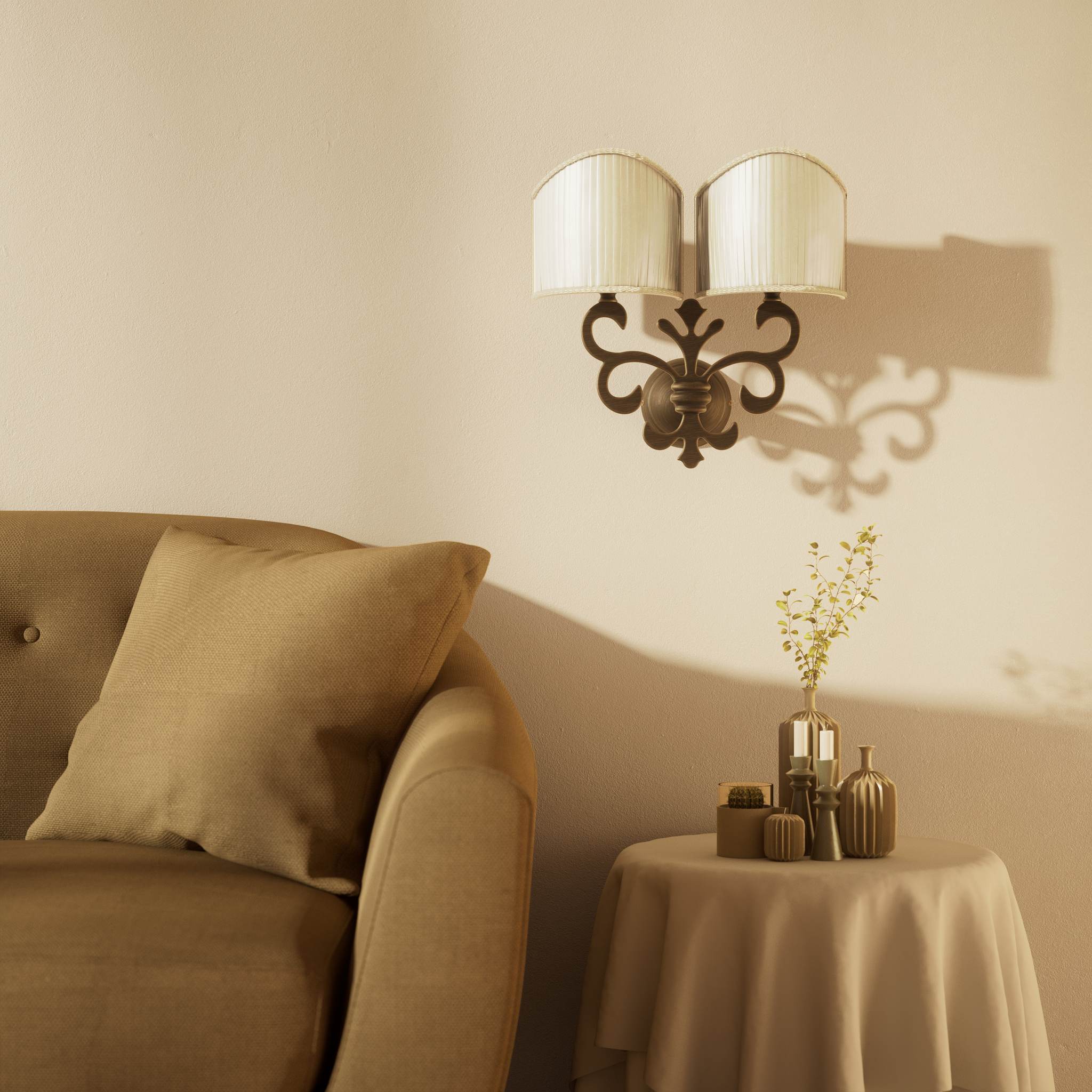 Neoclassical twin brass wall lamp with fleur-de-lis motif and symmetrical scrolls, white pleated shades, elegant Italian design - Finish: OBM Bronze Satin Matt Brass