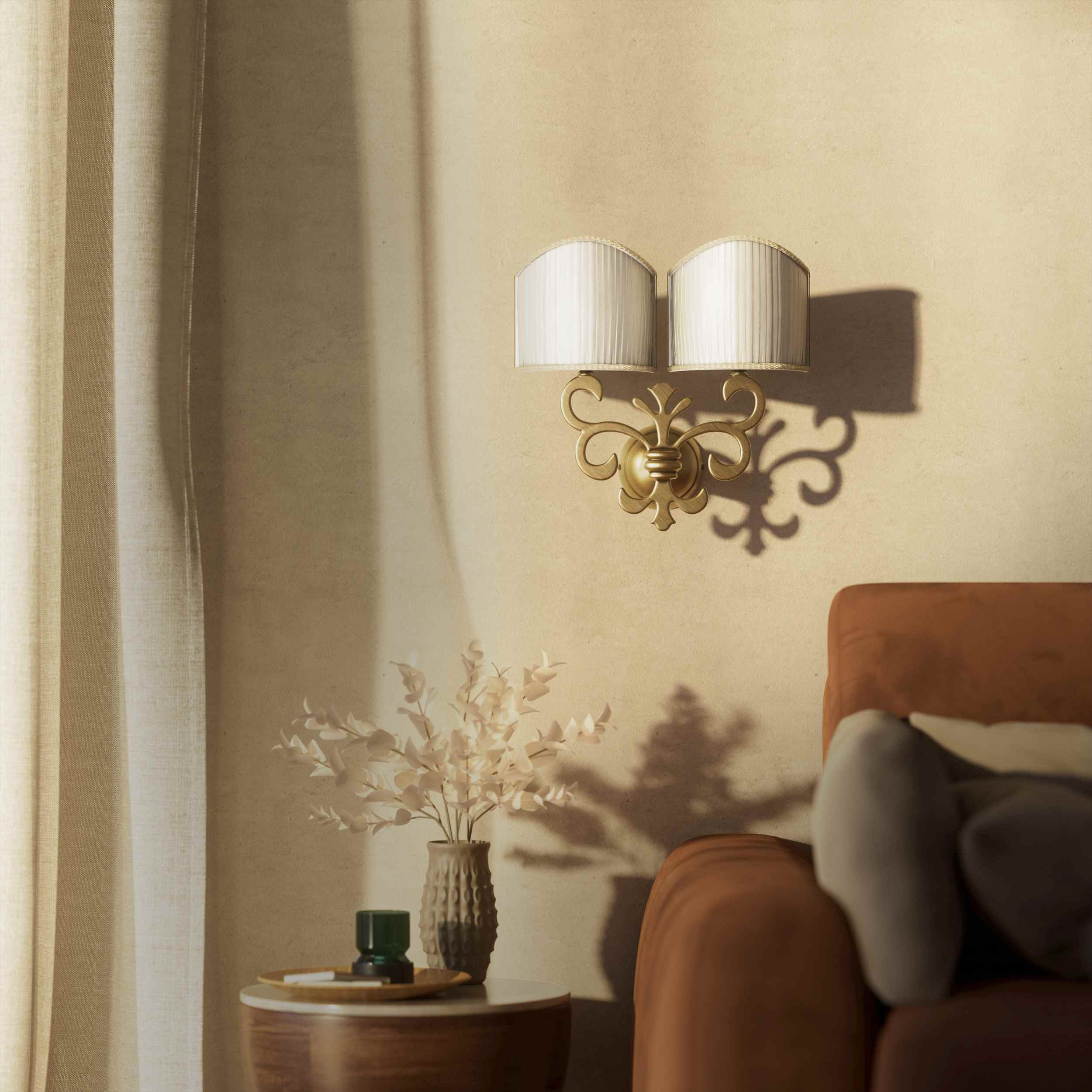 Neoclassical twin brass wall lamp with fleur-de-lis motif and symmetrical scrolls, white pleated shades, elegant Italian design - Finish: OBS Bronze Satin Brass