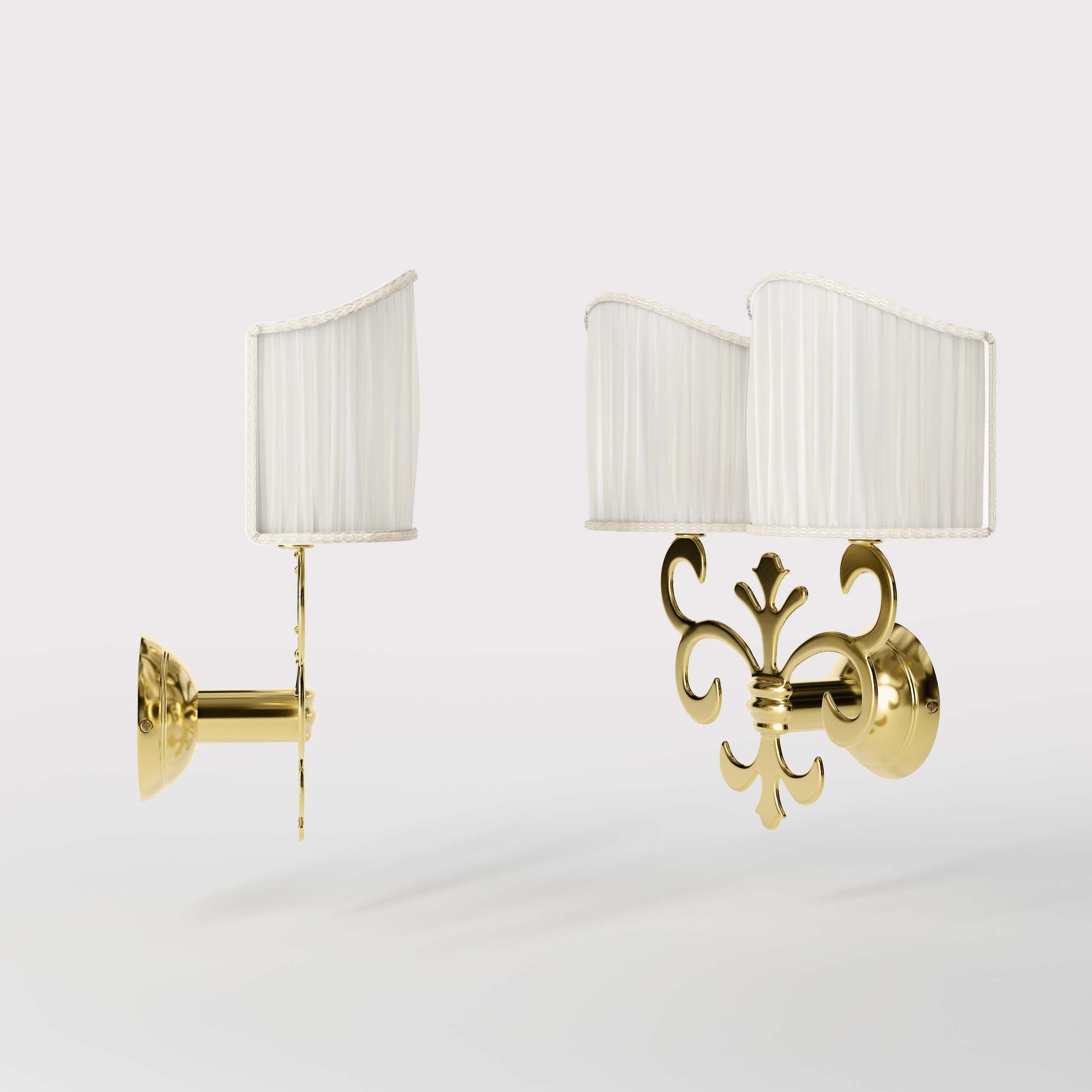 Neoclassical twin brass wall lamp with fleur-de-lis motif and symmetrical scrolls, white pleated shades, elegant Italian design - Finish: OLV Polished Brass