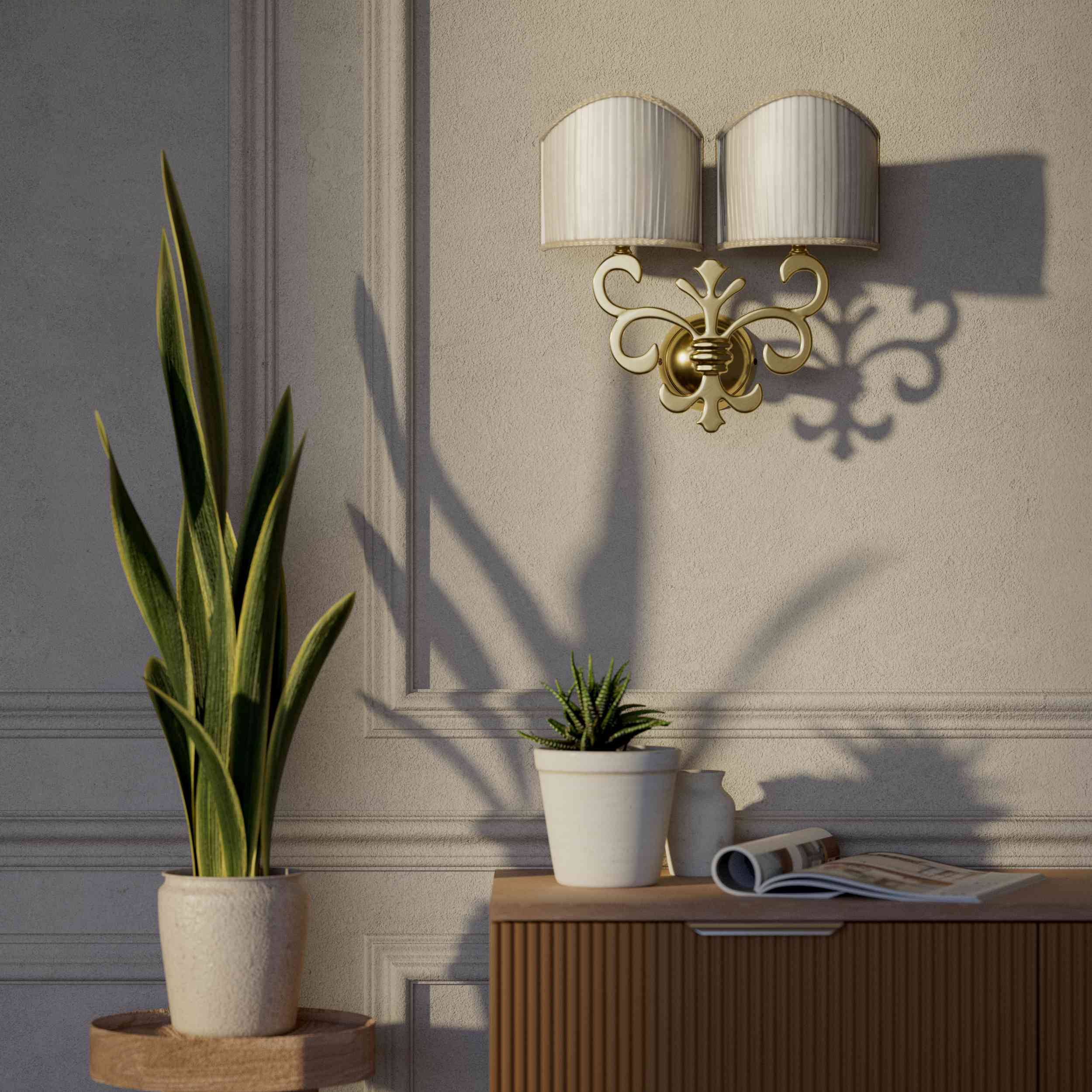 Neoclassical twin brass wall lamp with fleur-de-lis motif and symmetrical scrolls, white pleated shades, elegant Italian design - Finish: OLV Polished Brass