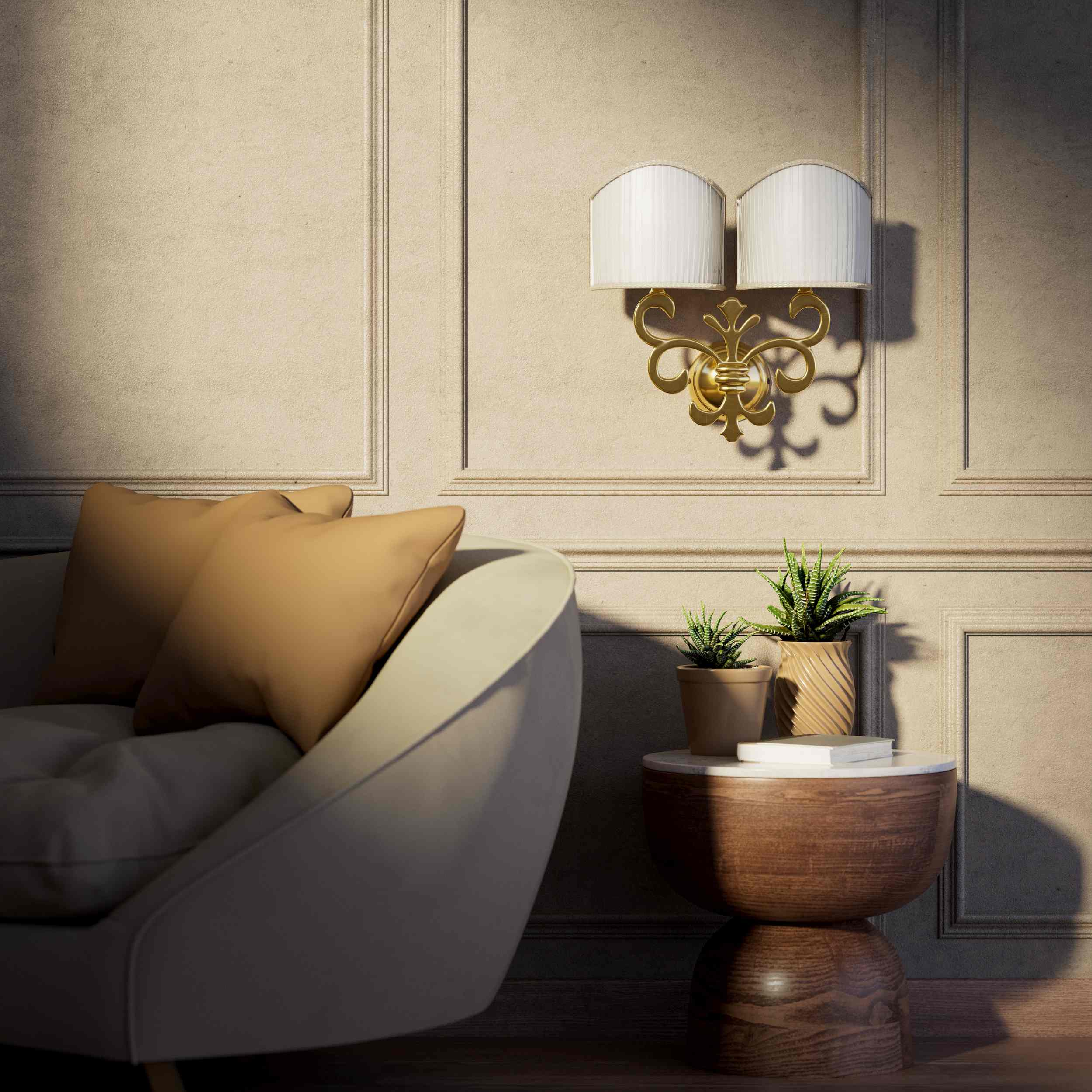 Neoclassical twin brass wall lamp with fleur-de-lis motif and symmetrical scrolls, white pleated shades, elegant Italian design - Finish: ORO 24K Gold Plated
