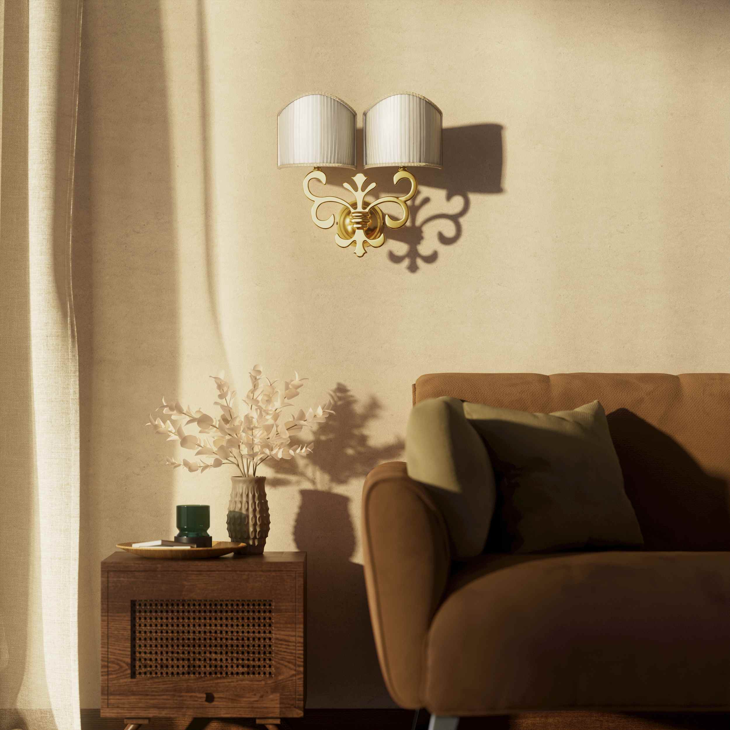 Neoclassical twin brass wall lamp with fleur-de-lis motif and symmetrical scrolls, white pleated shades, elegant Italian design - Finish: ORO 24K Gold Plated