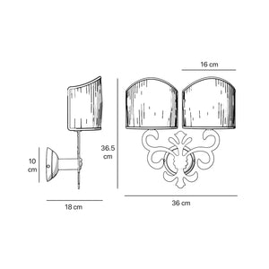 Neoclassical twin brass wall lamp with fleur-de-lis motif and symmetrical scrolls, white pleated shades, elegant Italian design