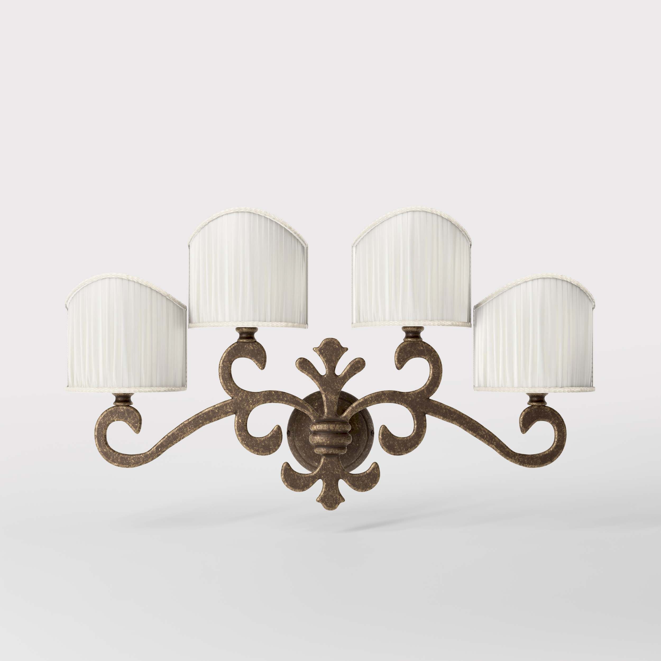 Classical four-light brass wall lamp with central fleur-de-lis and decorative scrolls, white pleated shades, refined Italian design - Finish: OAS Antique Brass