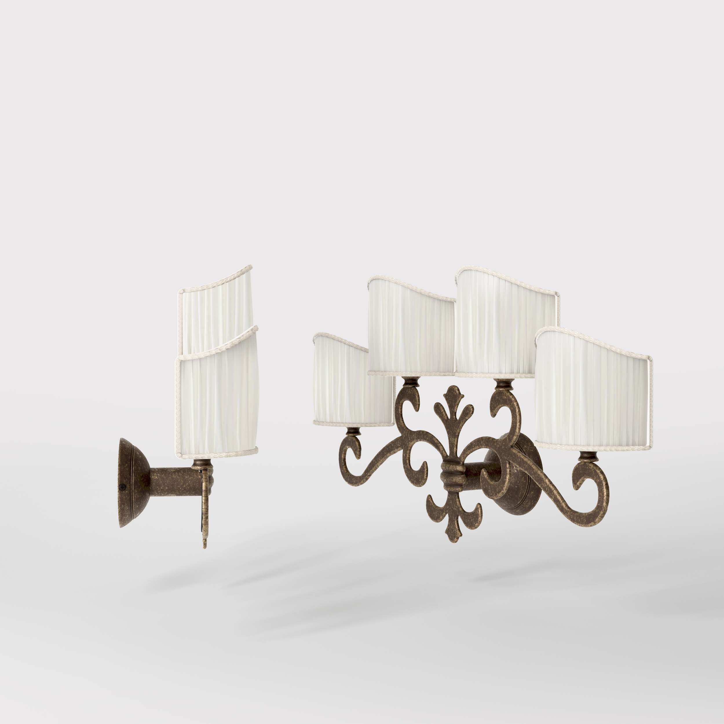 Classical four-light brass wall lamp with central fleur-de-lis and decorative scrolls, white pleated shades, refined Italian design - Finish: OAS Antique Brass