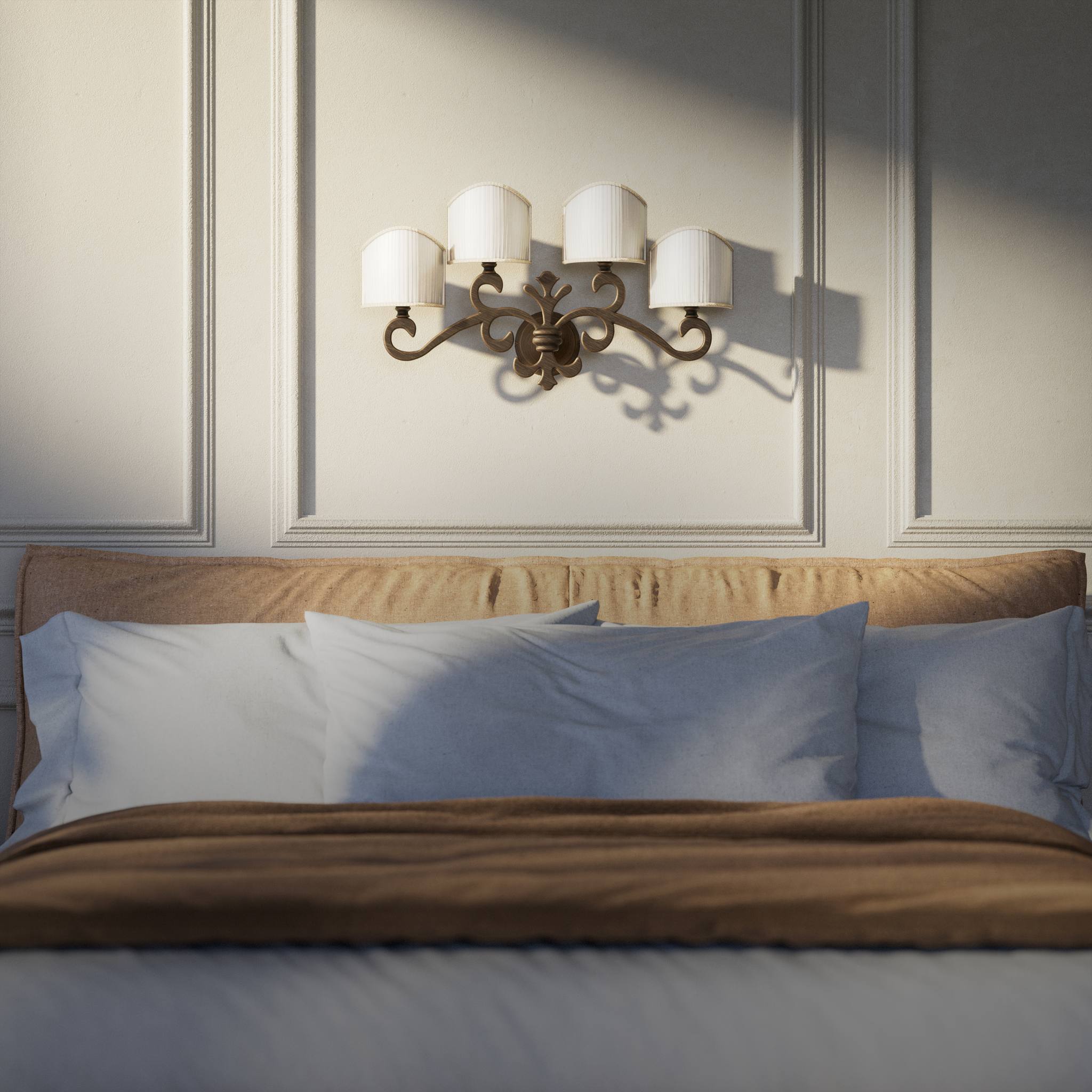 Classical four-light brass wall lamp with central fleur-de-lis and decorative scrolls, white pleated shades, refined Italian design - Finish: OBM Bronze Satin Matt Brass
