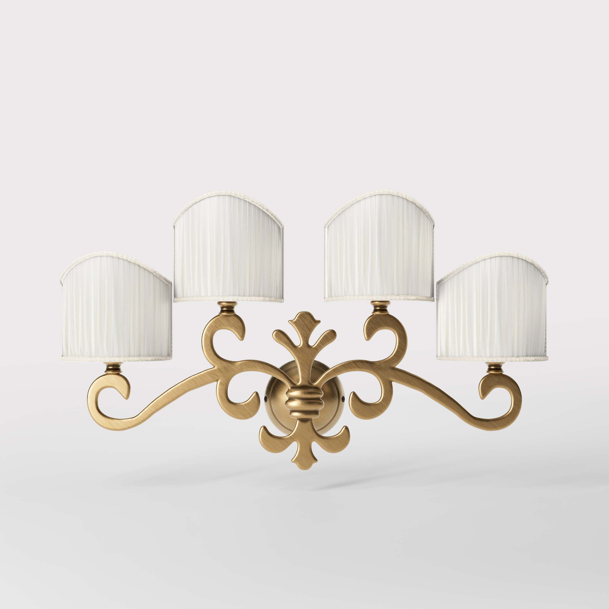 Classical four-light brass wall lamp with central fleur-de-lis and decorative scrolls, white pleated shades, refined Italian design - Finish: OBS Bronze Satin Brass