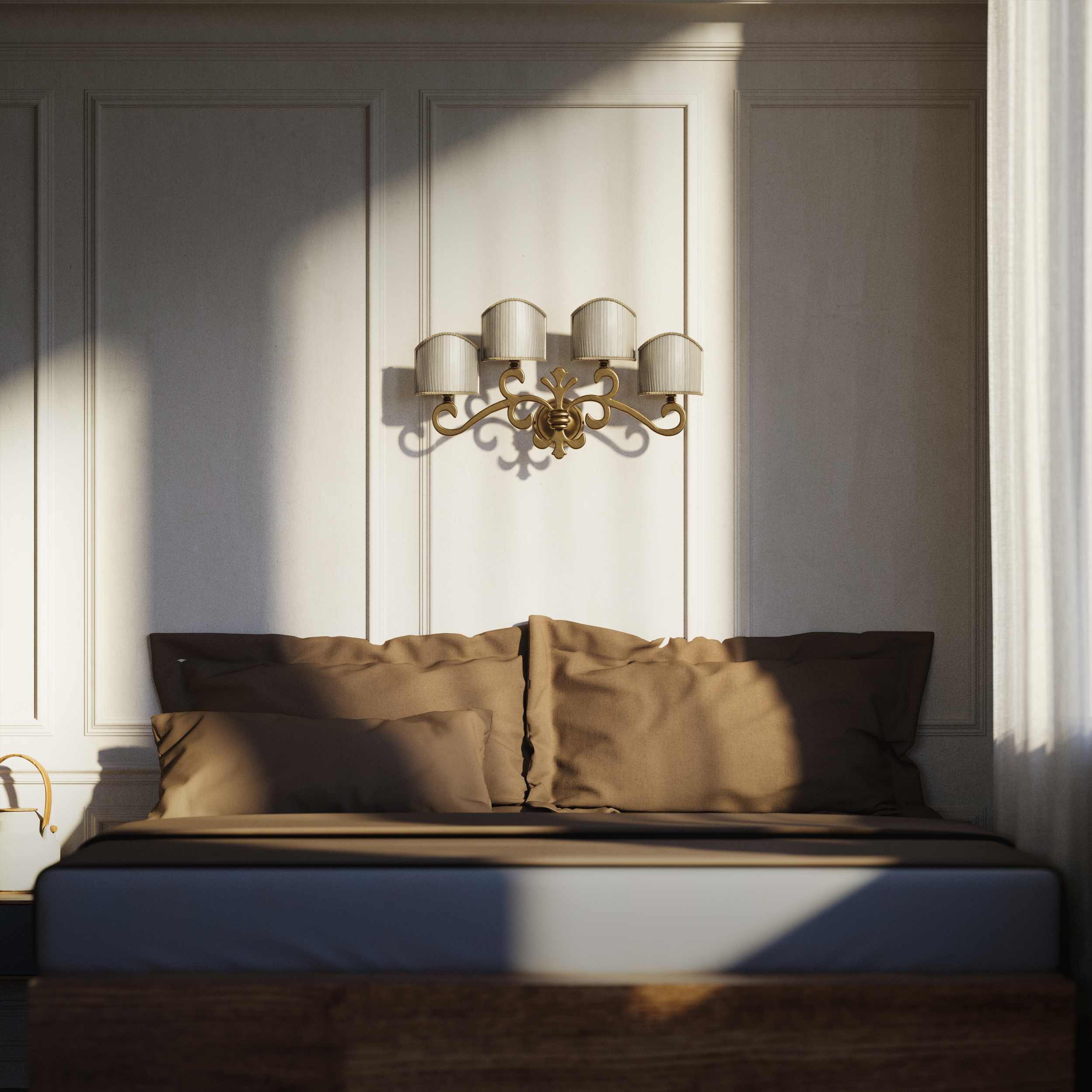 Classical four-light brass wall lamp with central fleur-de-lis and decorative scrolls, white pleated shades, refined Italian design - Finish: OBS Bronze Satin Brass