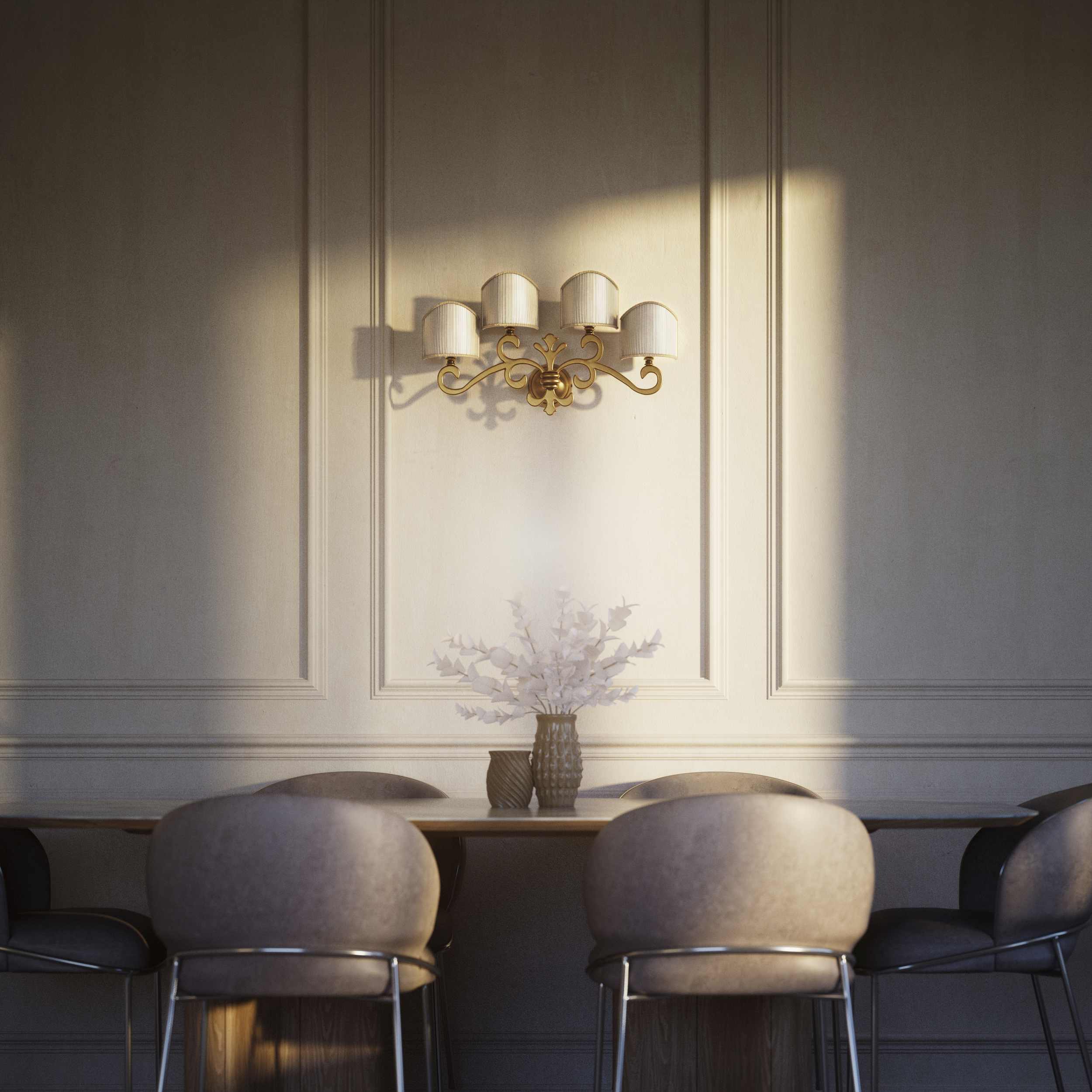 Classical four-light brass wall lamp with central fleur-de-lis and decorative scrolls, white pleated shades, refined Italian design - Finish: OBS Bronze Satin Brass