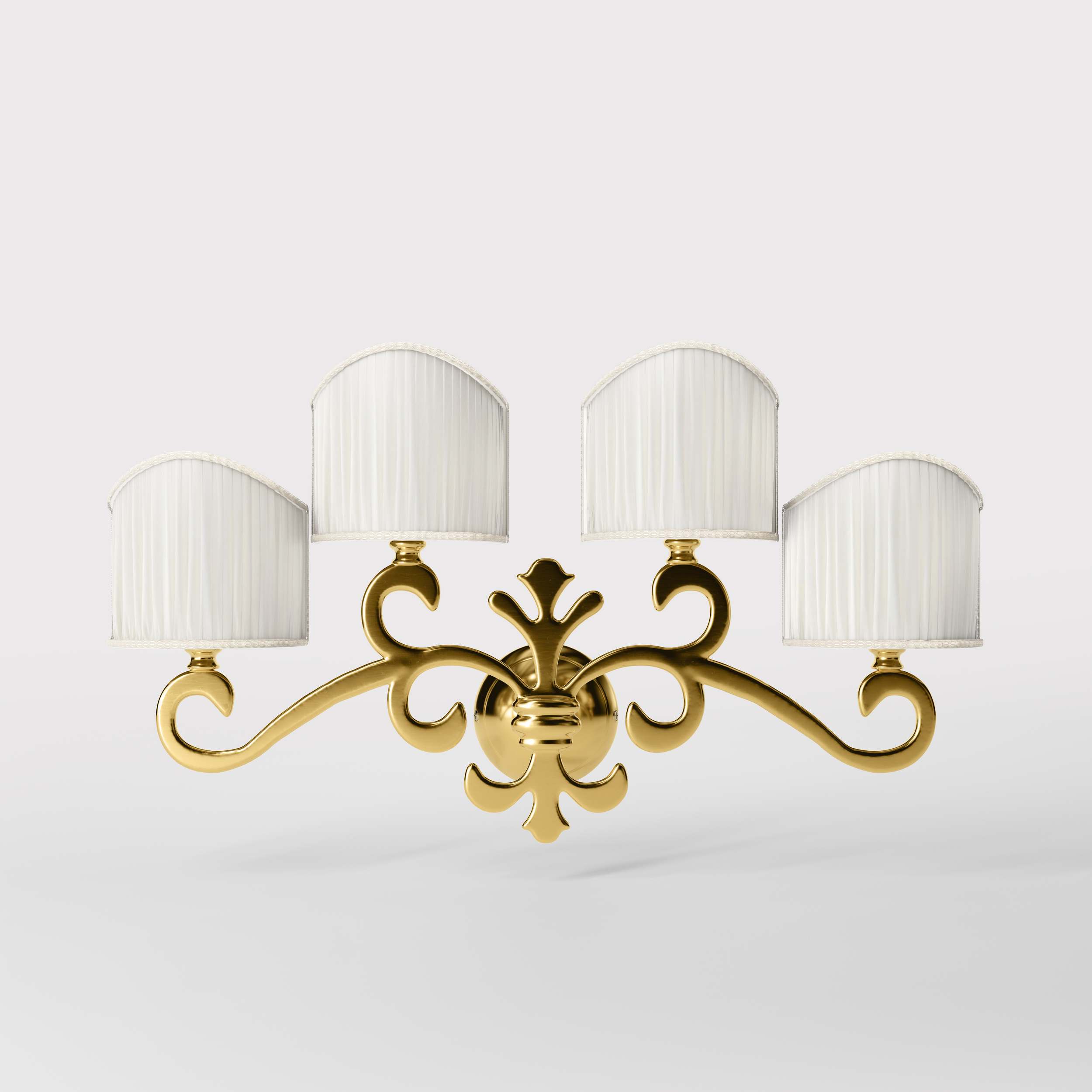 Classical four-light brass wall lamp with central fleur-de-lis and decorative scrolls, white pleated shades, refined Italian design - Finish: ORO 24K Gold Plated