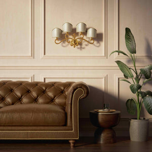 Classical four-light brass wall lamp with central fleur-de-lis and decorative scrolls, white pleated shades, refined Italian design - Finish: ORO 24K Gold Plated