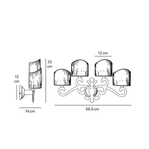 Classical four-light brass wall lamp with central fleur-de-lis and decorative scrolls, white pleated shades, refined Italian design