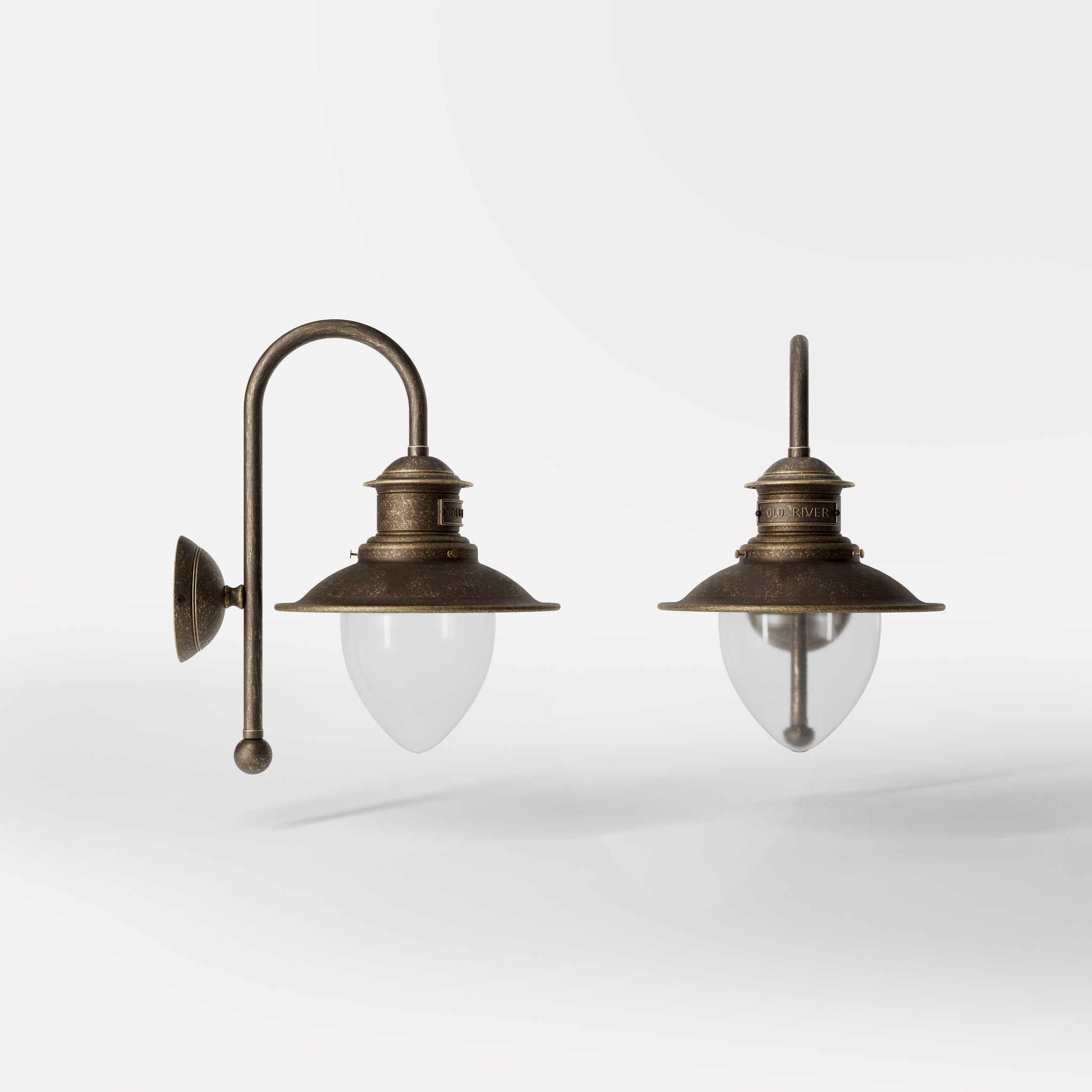 Outdoor brass wall lamp with clear glass shade, rustic maritime style by Ghidini 1849 - Finish: OAS Antique Brass