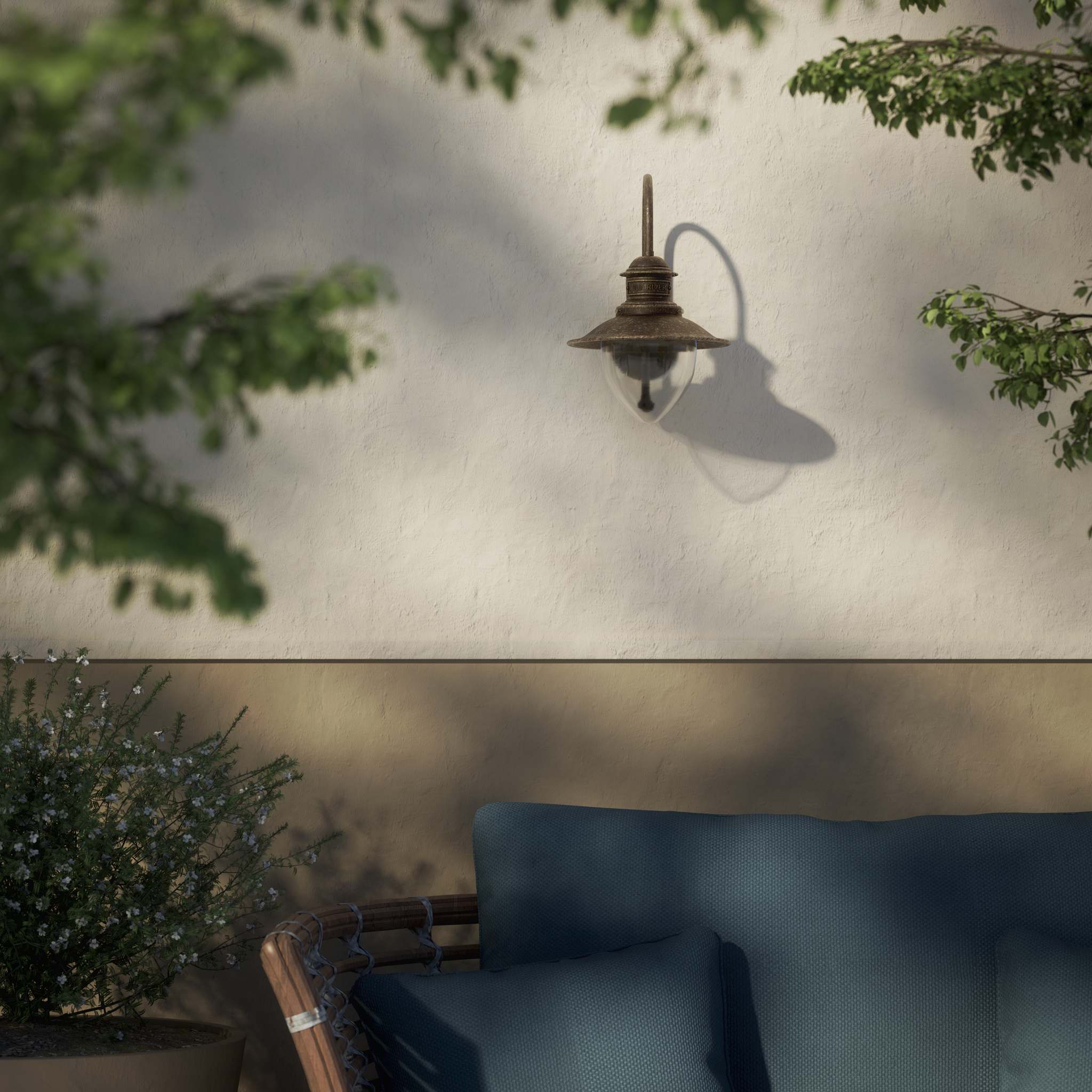 Outdoor brass wall lamp with clear glass shade, rustic maritime style by Ghidini 1849 - Finish: OAS Antique Brass