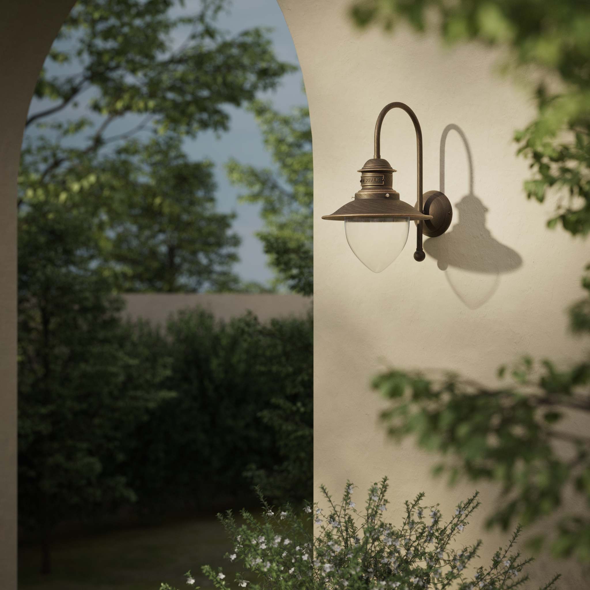 Outdoor brass wall lamp with clear glass shade, rustic maritime style by Ghidini 1849 - Finish: OBM Bronze Satin Matt Brass