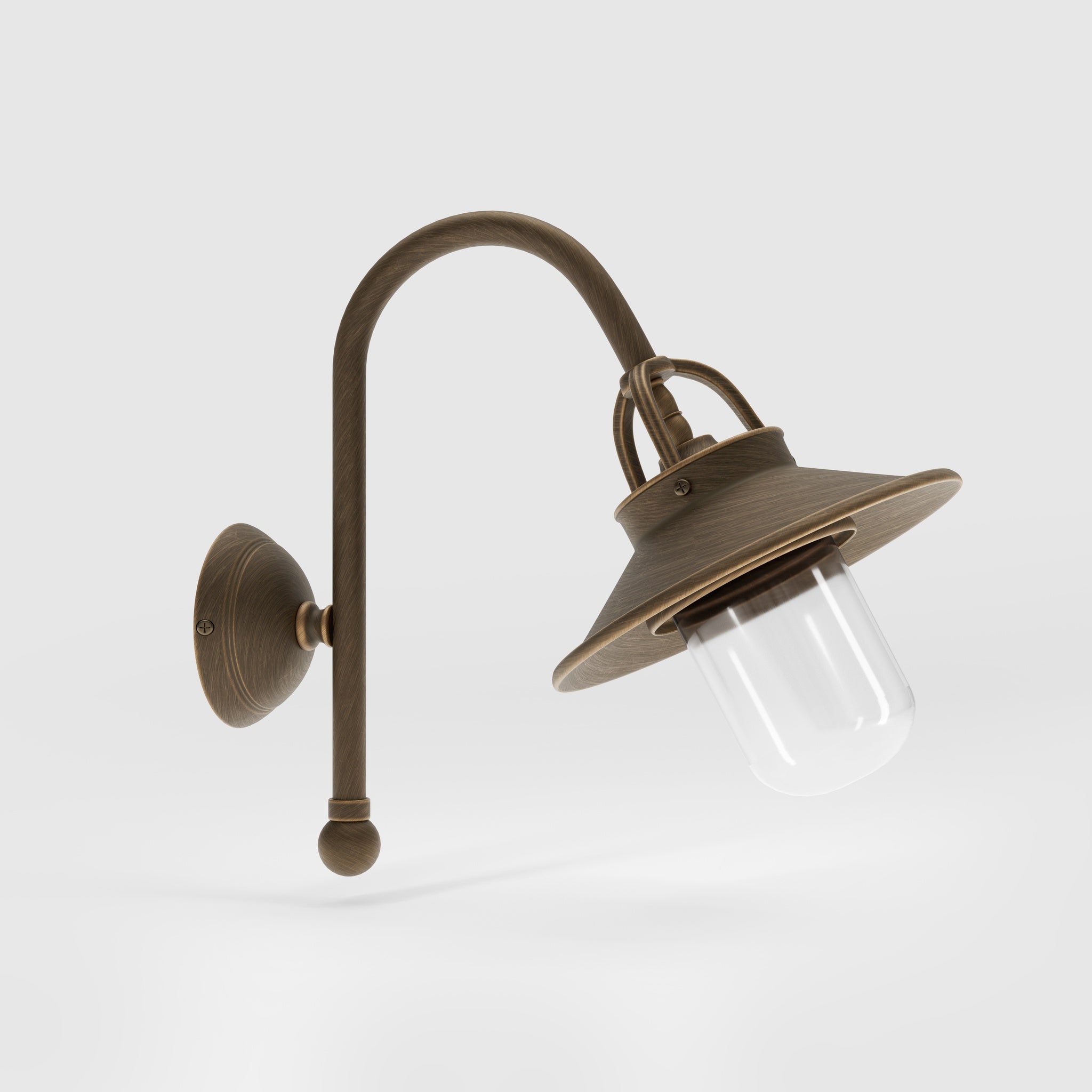 Outdoor brass wall lamp with curved arm protective hood and transparent glass diffuser rustic style Giada collection by Ghidini 1849 - Finish: OBM Bronze Satin Matt Brass