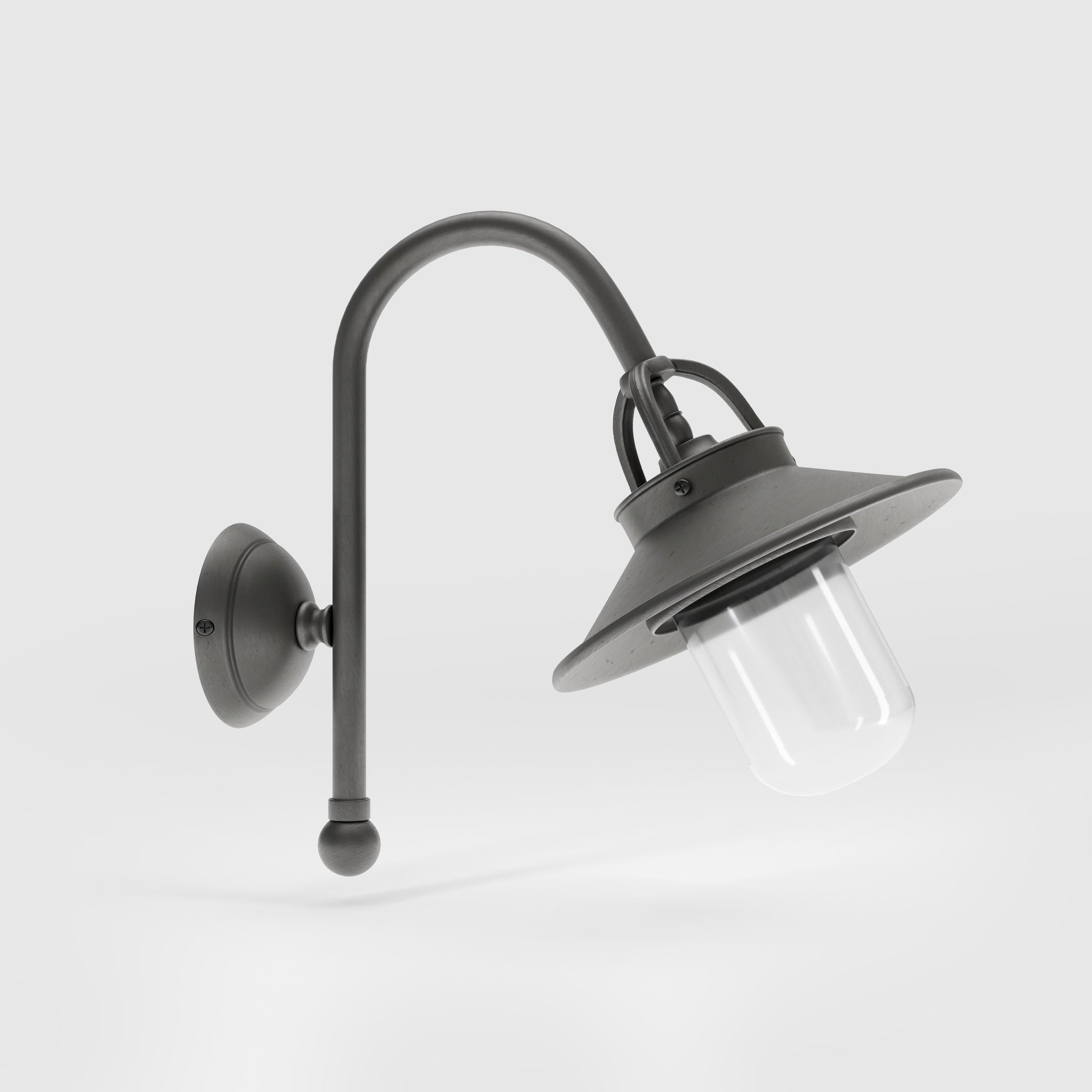 Outdoor brass wall lamp with curved arm protective hood and transparent glass diffuser rustic style Giada collection by Ghidini 1849 - Finish: OBR Dark Bronze