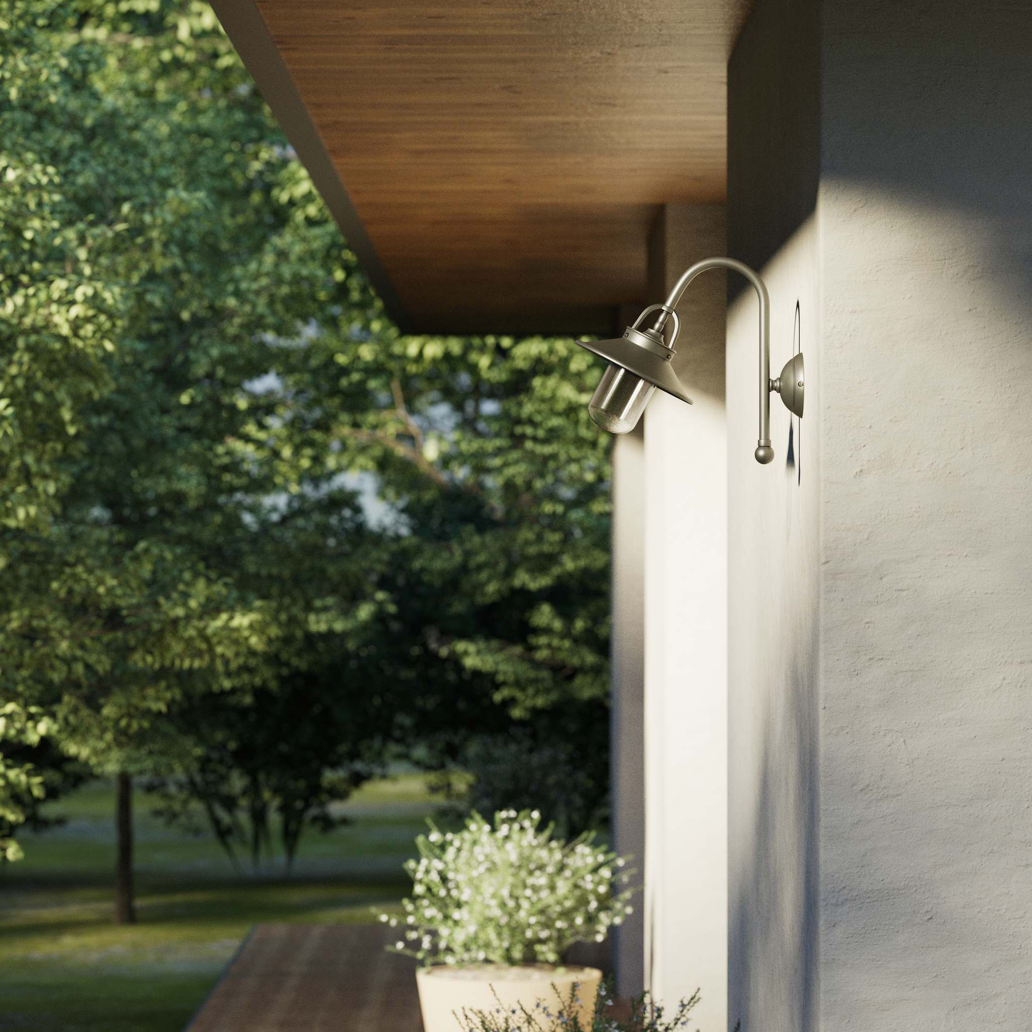 Outdoor brass wall lamp with curved arm protective hood and transparent glass diffuser rustic style Giada collection by Ghidini 1849 - Finish: OBR Dark Bronze