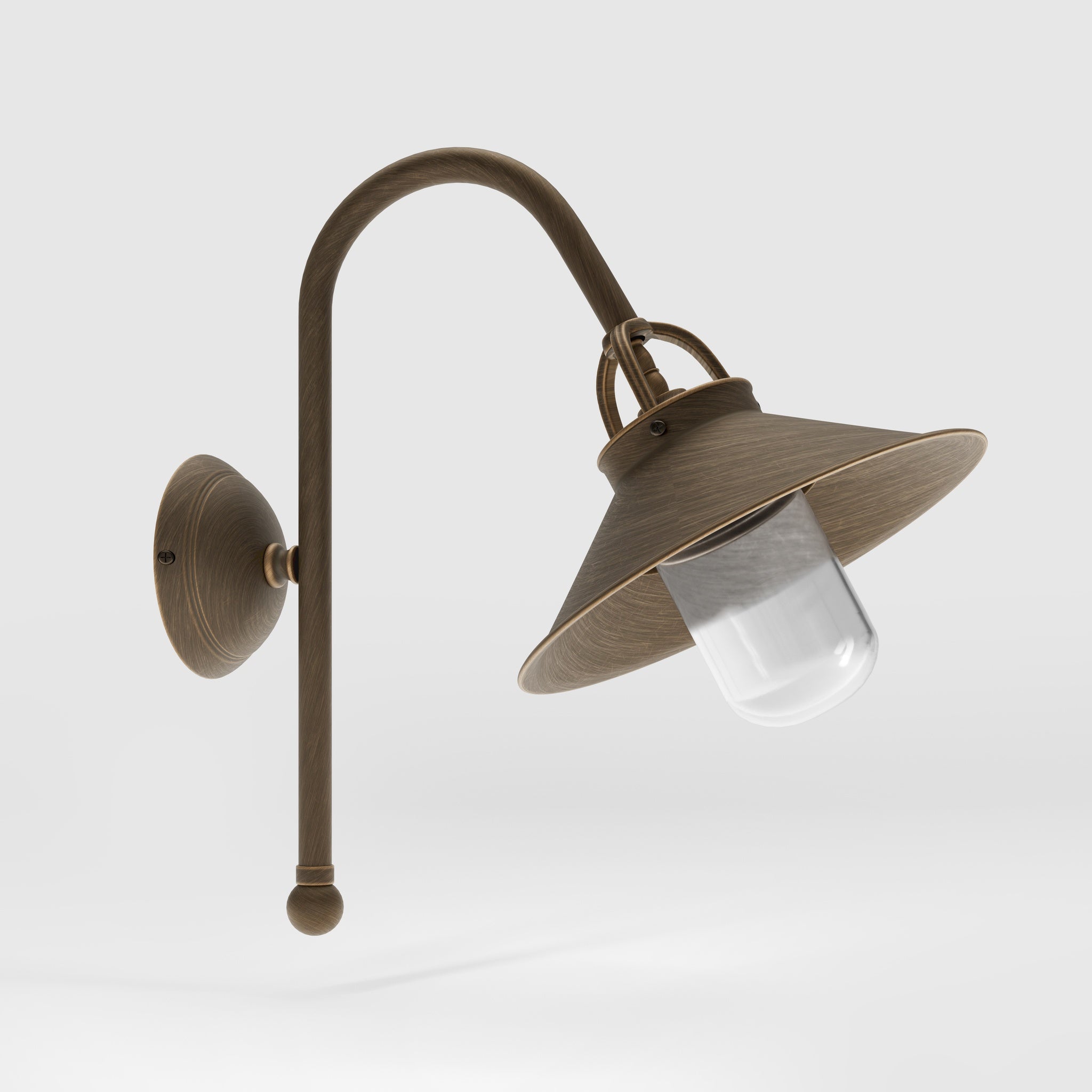 Country style outdoor brass wall lamp with arched arm protective hood and transparent glass diffuser Giada collection by Ghidini 1849 - Finish: OBM Bronze Satin Matt Brass