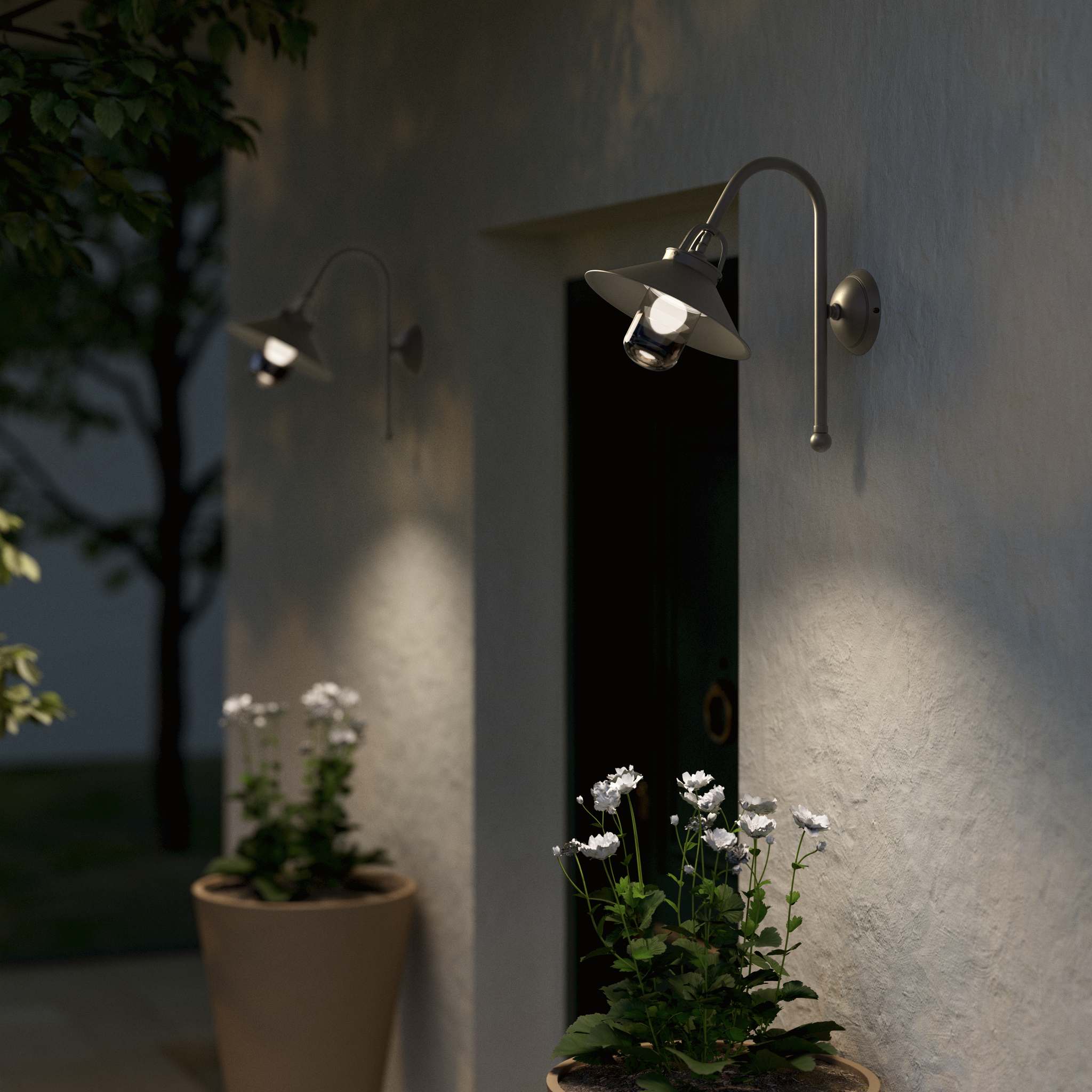 Country style outdoor brass wall lamp with arched arm protective hood and transparent glass diffuser Giada collection by Ghidini 1849 - Finish: OBR Dark Bronze