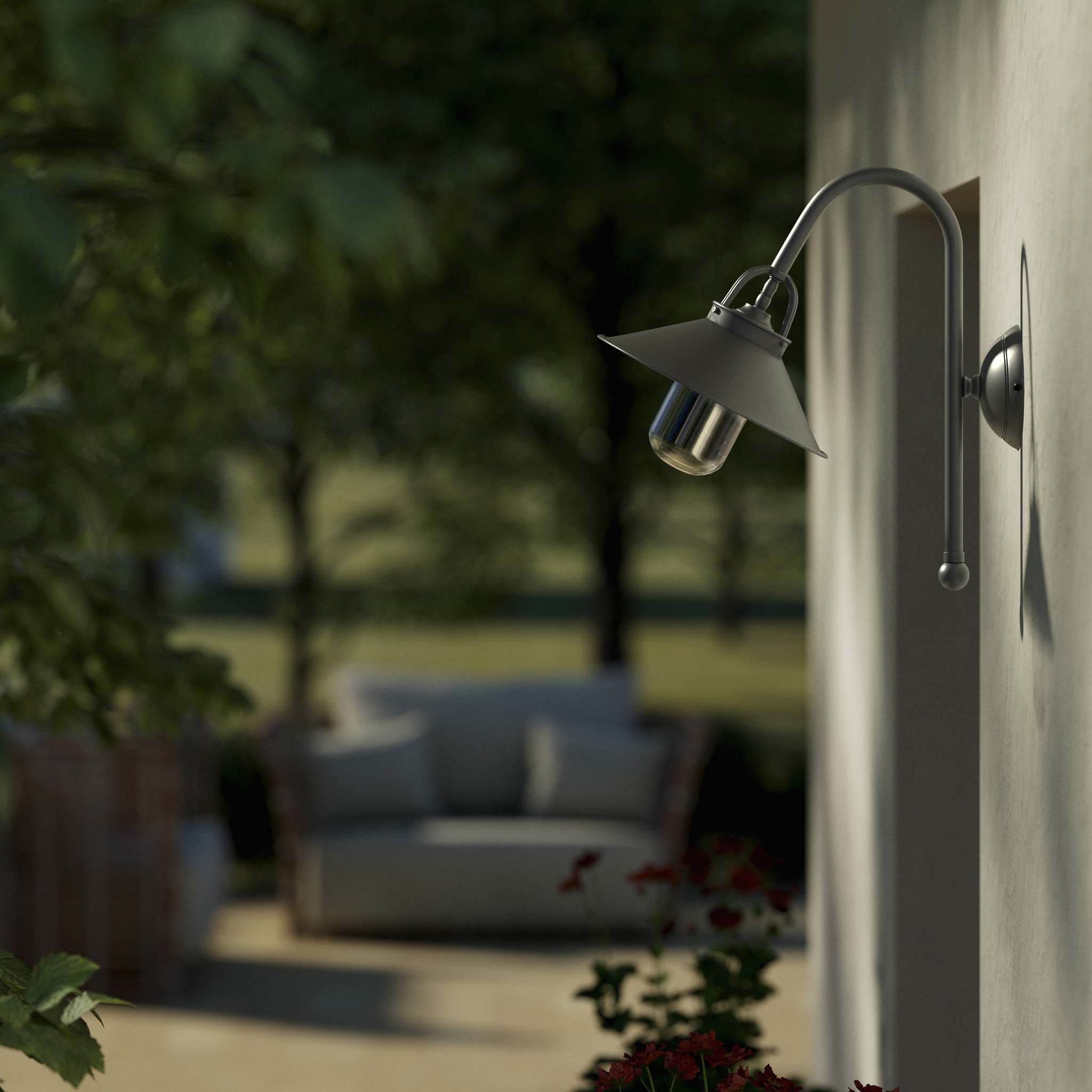 Country style outdoor brass wall lamp with arched arm protective hood and transparent glass diffuser Giada collection by Ghidini 1849 - Finish: OBR Dark Bronze