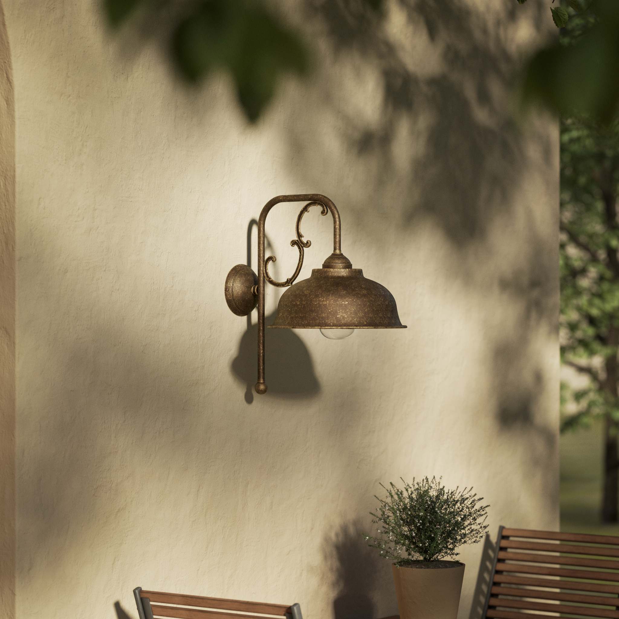 Art Nouveau outdoor wall lamp in brass with floral decorations protective dome and glass diffuser Lipari collection by Ghidini 1849 - Finish: OAS Antique Brass