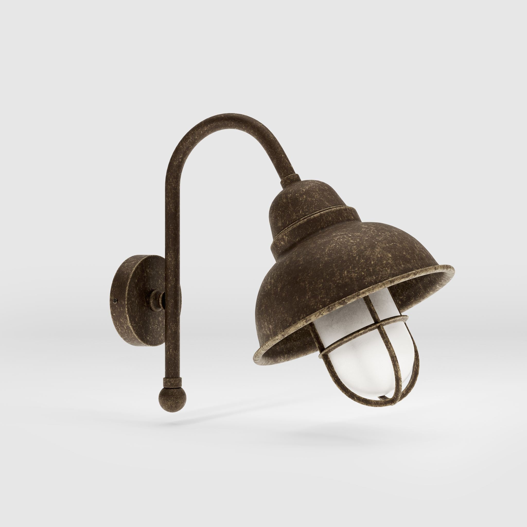 Outdoor industrial wall lamp Chronos with brass structure, bell-shaped diffuser and protective transparent glass cage for exterior lighting by Ghidini 1849 - Finish: OAS Antique Brass