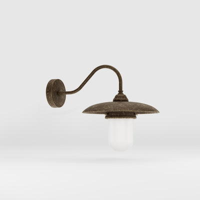 Retro brass outdoor wall lamp with wide shade and protected glass by Ghidini 1849 - Finish: OAS Antique Brass