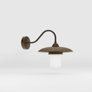 Retro brass outdoor wall lamp with wide shade and protected glass by Ghidini 1849 - Finish: OBM Bronze Satin Matt Brass