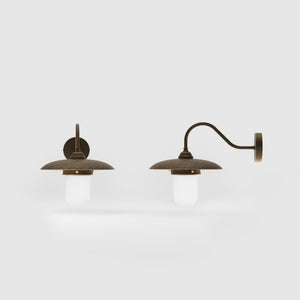 Retro brass outdoor wall lamp with wide shade and protected glass by Ghidini 1849 - Finish: OBM Bronze Satin Matt Brass