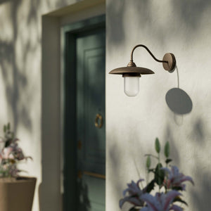 Retro brass outdoor wall lamp with wide shade and protected glass by Ghidini 1849 - Finish: OBM Bronze Satin Matt Brass