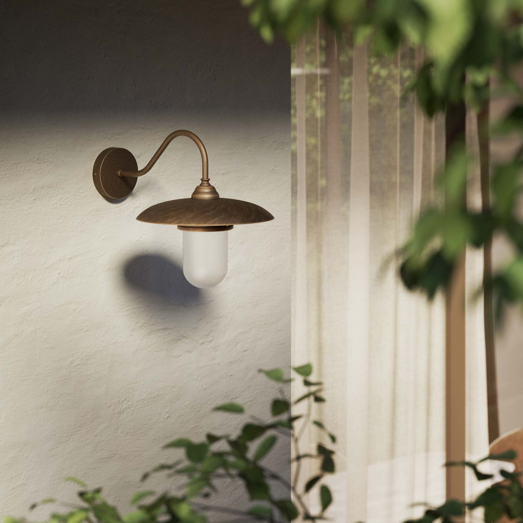 Retro brass outdoor wall lamp with wide shade and protected glass by Ghidini 1849 - Finish: OBM Bronze Satin Matt Brass