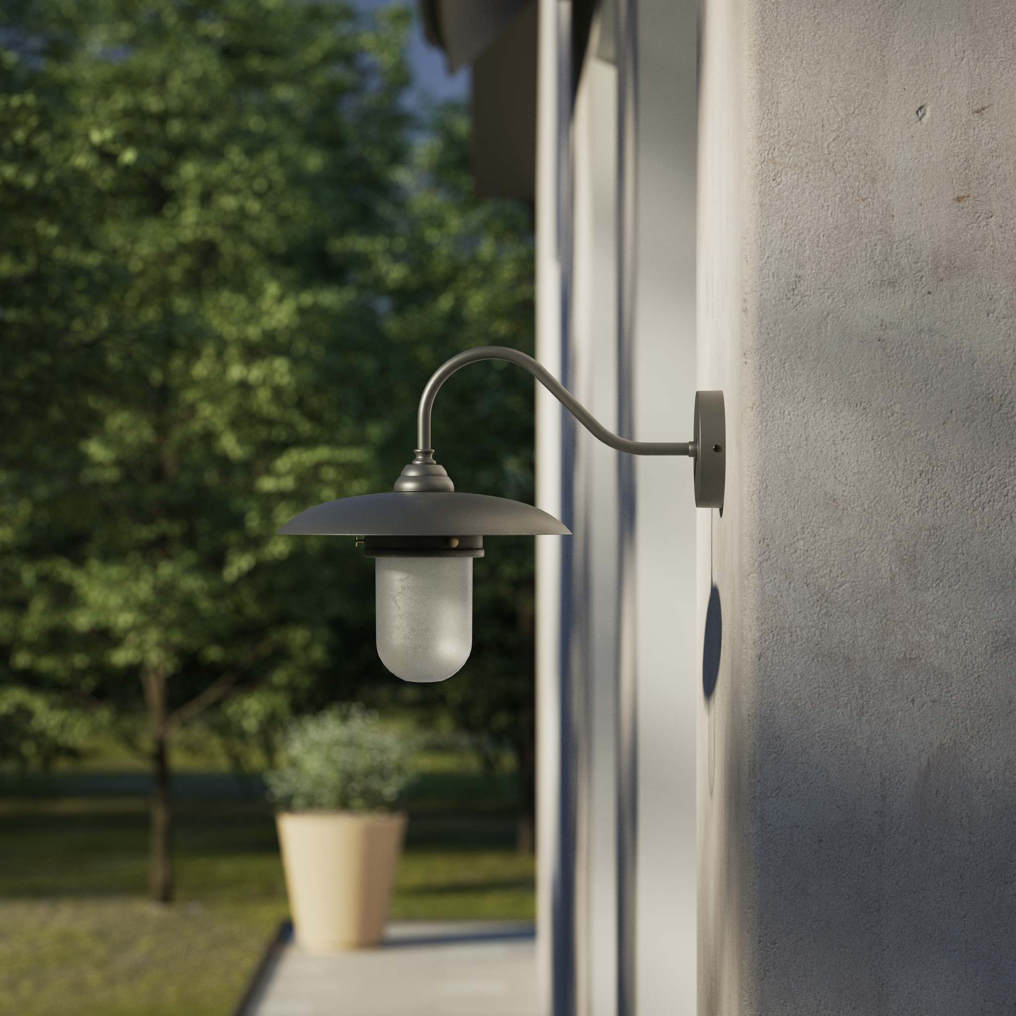 Retro brass outdoor wall lamp with wide shade and protected glass by Ghidini 1849 - Finish: OBR Dark Bronze