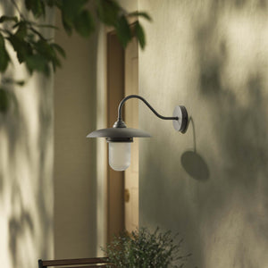Retro brass outdoor wall lamp with wide shade and protected glass by Ghidini 1849 - Finish: OBR Dark Bronze