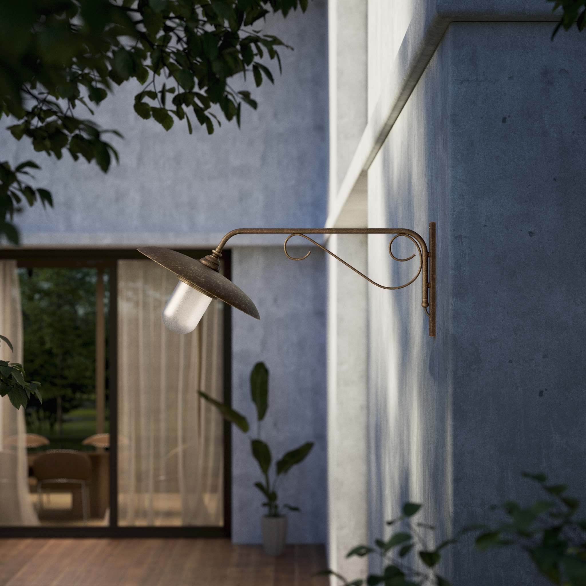 Brass outdoor wall lamp with decorative arm and protected glass by Ghidini 1849 - Finish: OAS Antique Brass