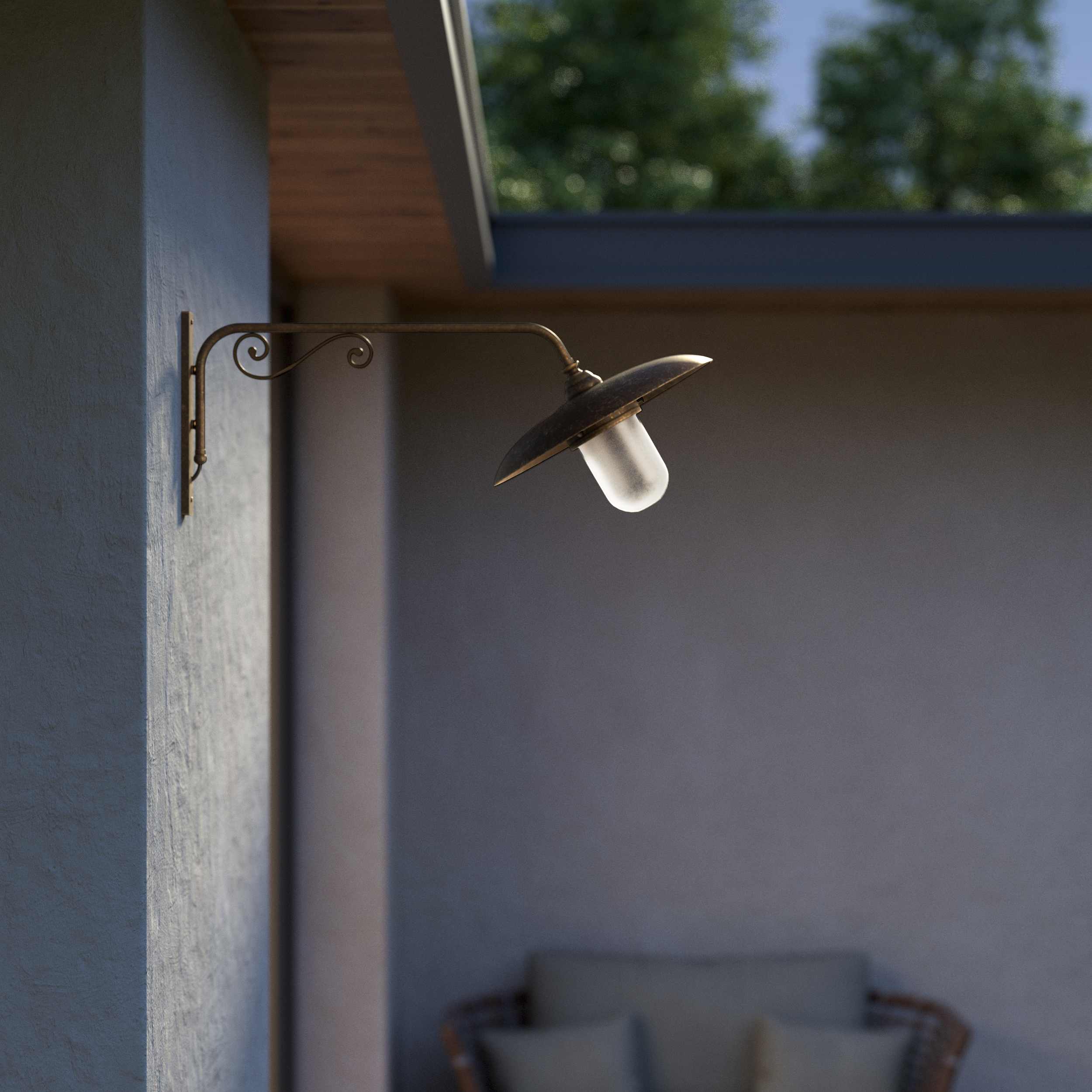 Brass outdoor wall lamp with decorative arm and protected glass by Ghidini 1849 - Finish: OAS Antique Brass