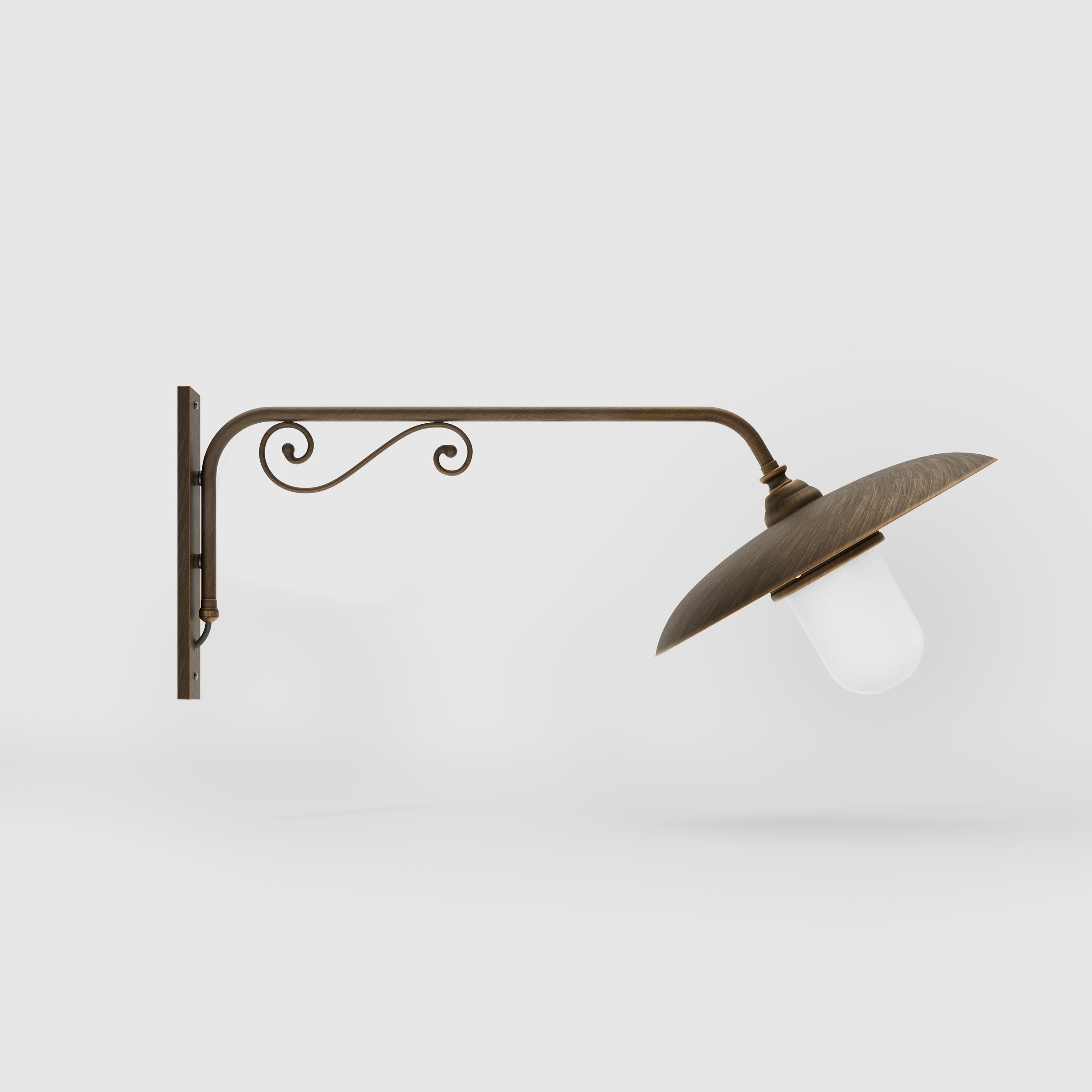 Brass outdoor wall lamp with decorative arm and protected glass by Ghidini 1849 - Finish: OBM Bronze Satin Matt Brass