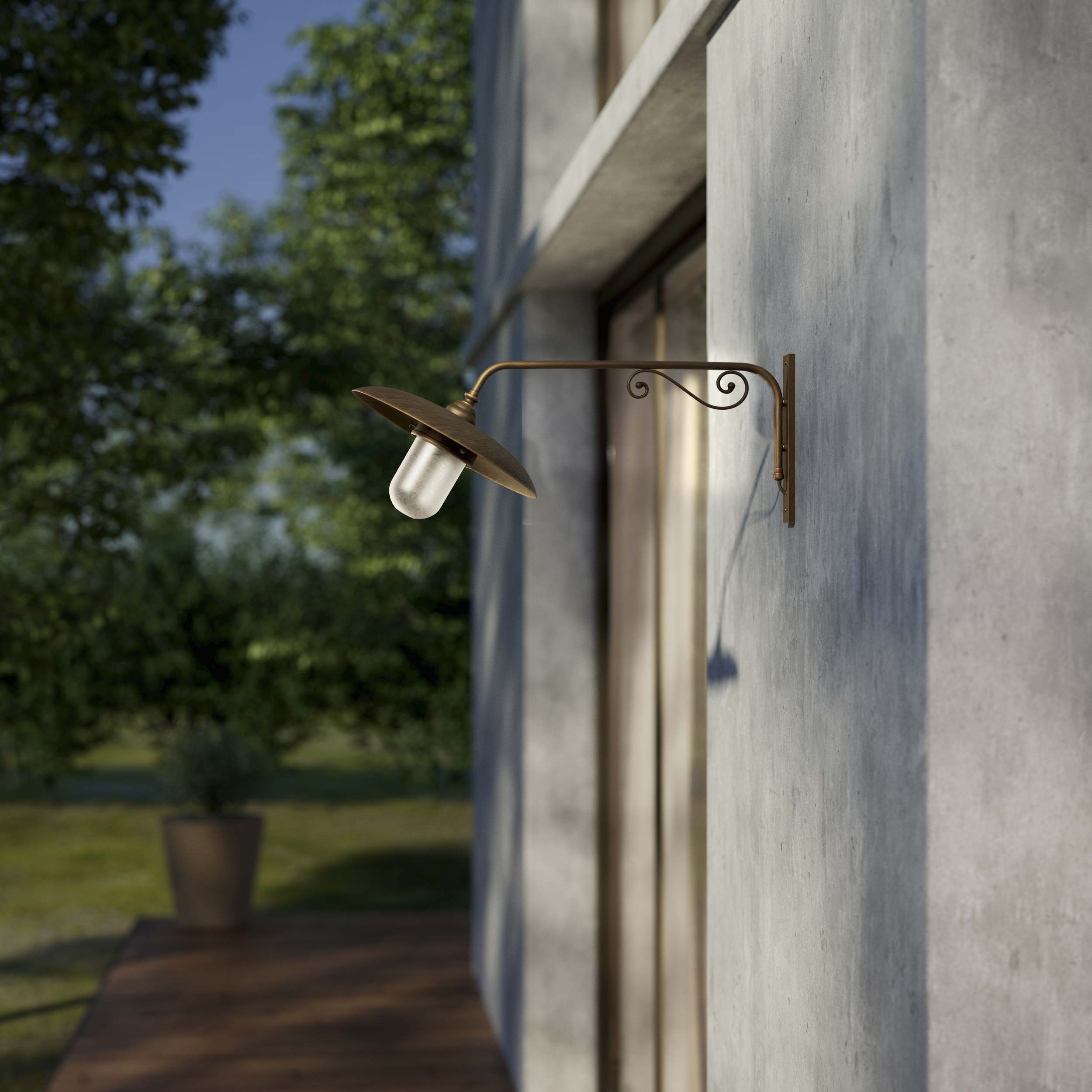 Brass outdoor wall lamp with decorative arm and protected glass by Ghidini 1849 - Finish: OBM Bronze Satin Matt Brass