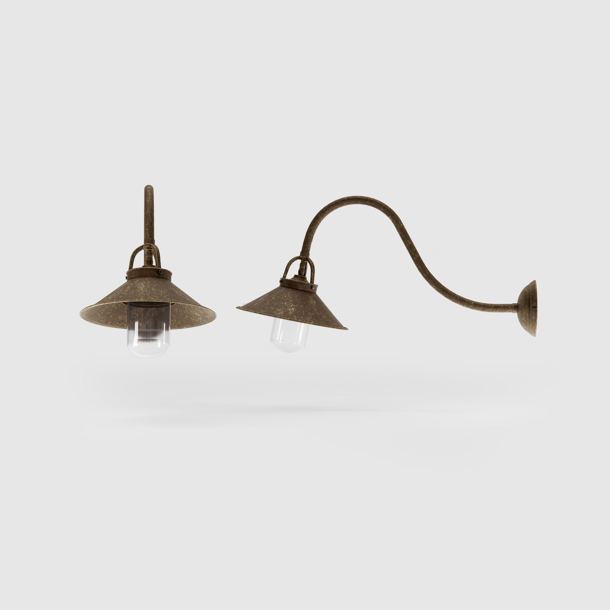 Classic style outdoor brass wall lamp with curved arm conical shade and transparent glass diffuser Giada collection by Ghidini 1849 - Finish: OAS Antique Brass