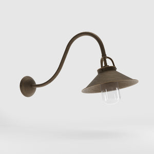 Classic style outdoor brass wall lamp with curved arm conical shade and transparent glass diffuser Giada collection by Ghidini 1849 - Finish: OBM Bronze Satin Matt Brass