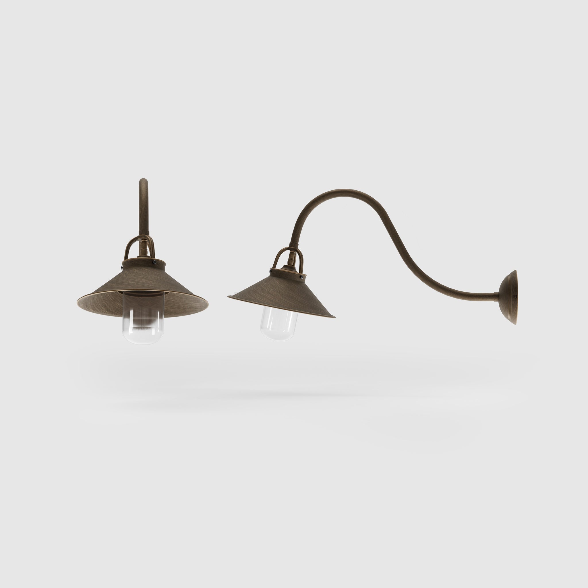 Classic style outdoor brass wall lamp with curved arm conical shade and transparent glass diffuser Giada collection by Ghidini 1849 - Finish: OBM Bronze Satin Matt Brass