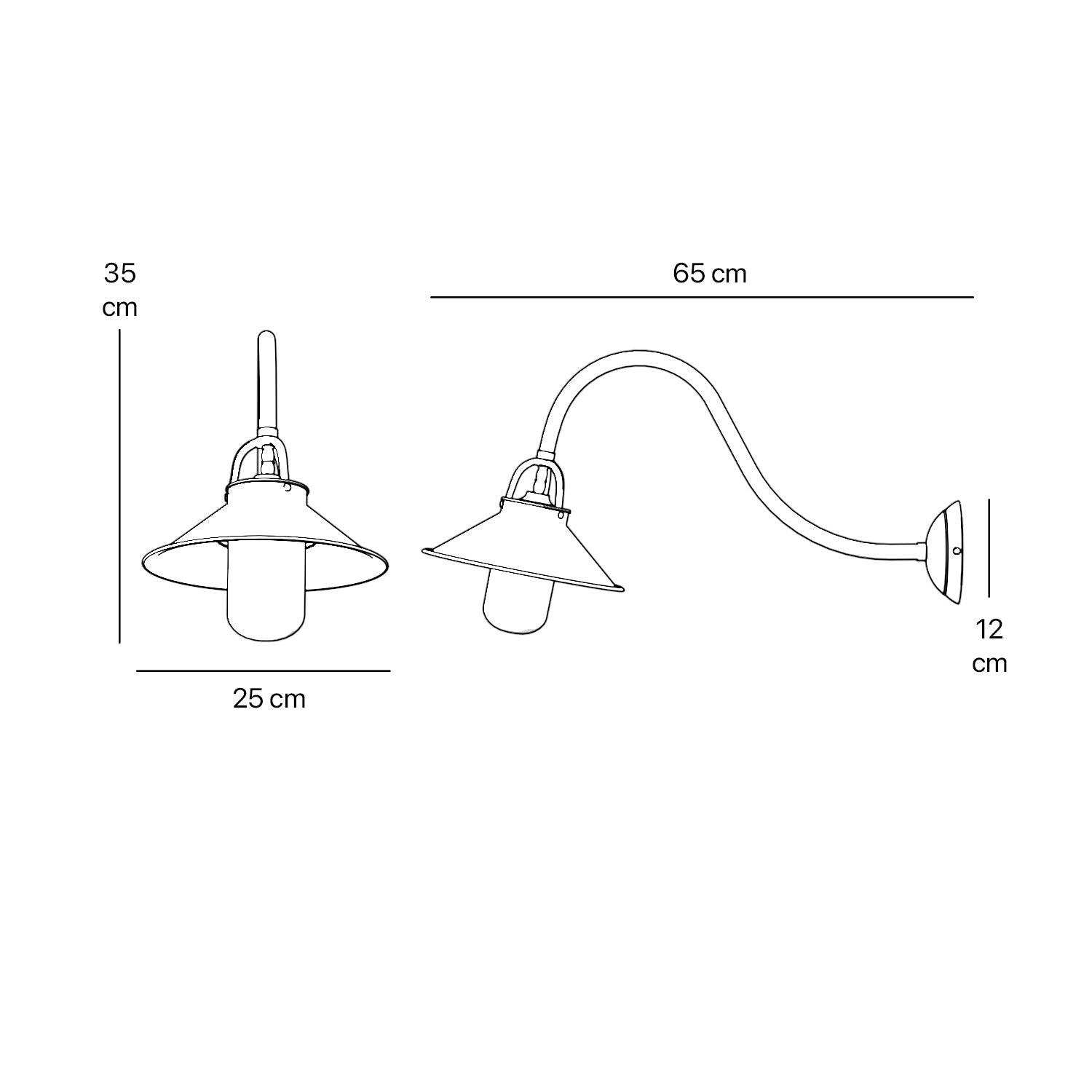 Classic style outdoor brass wall lamp with curved arm conical shade and transparent glass diffuser Giada collection by Ghidini 1849