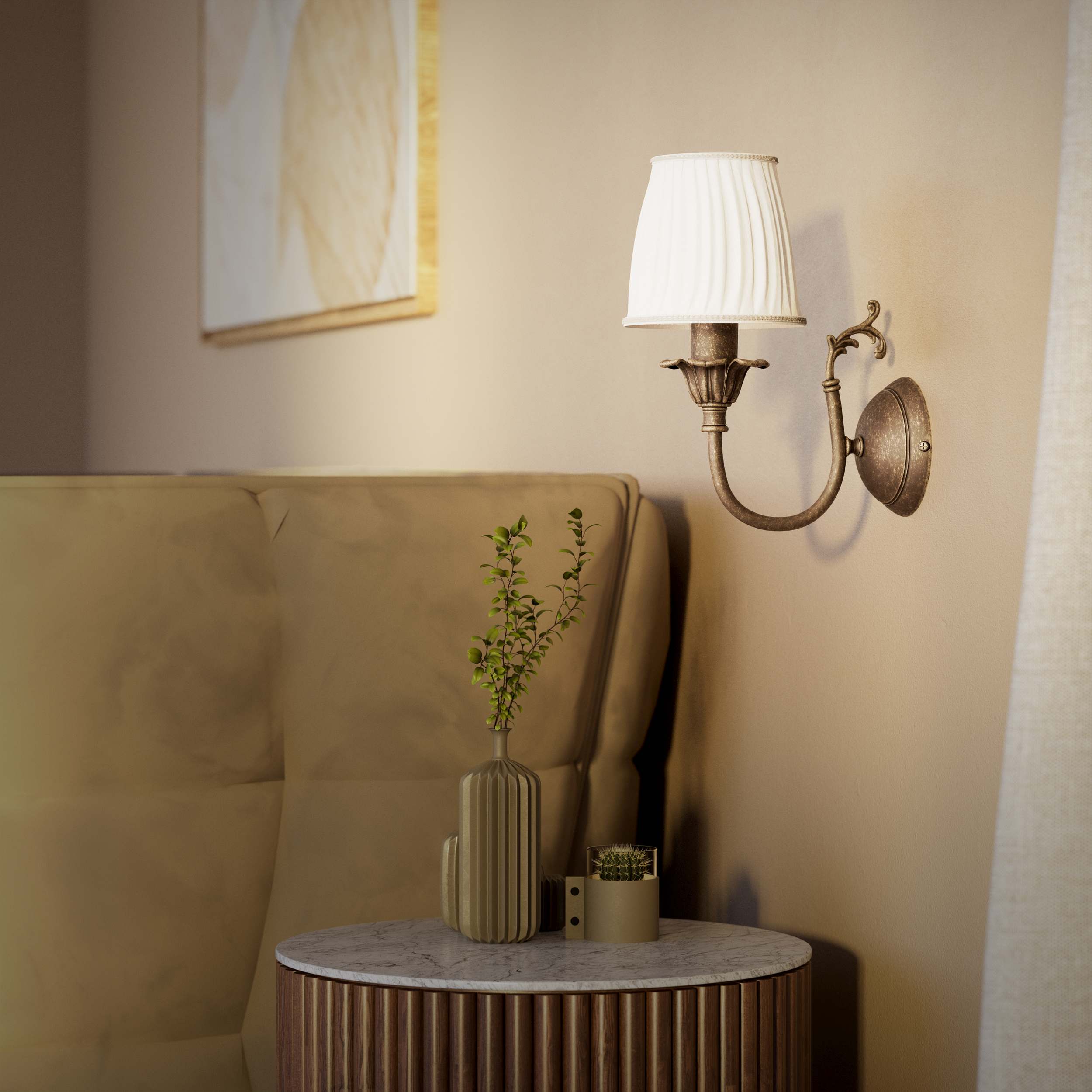 Classic brass wall lamp with pleated ivory white shade, decorative arm and floral details for elegant wall lighting - Finish: OAS Antique Brass