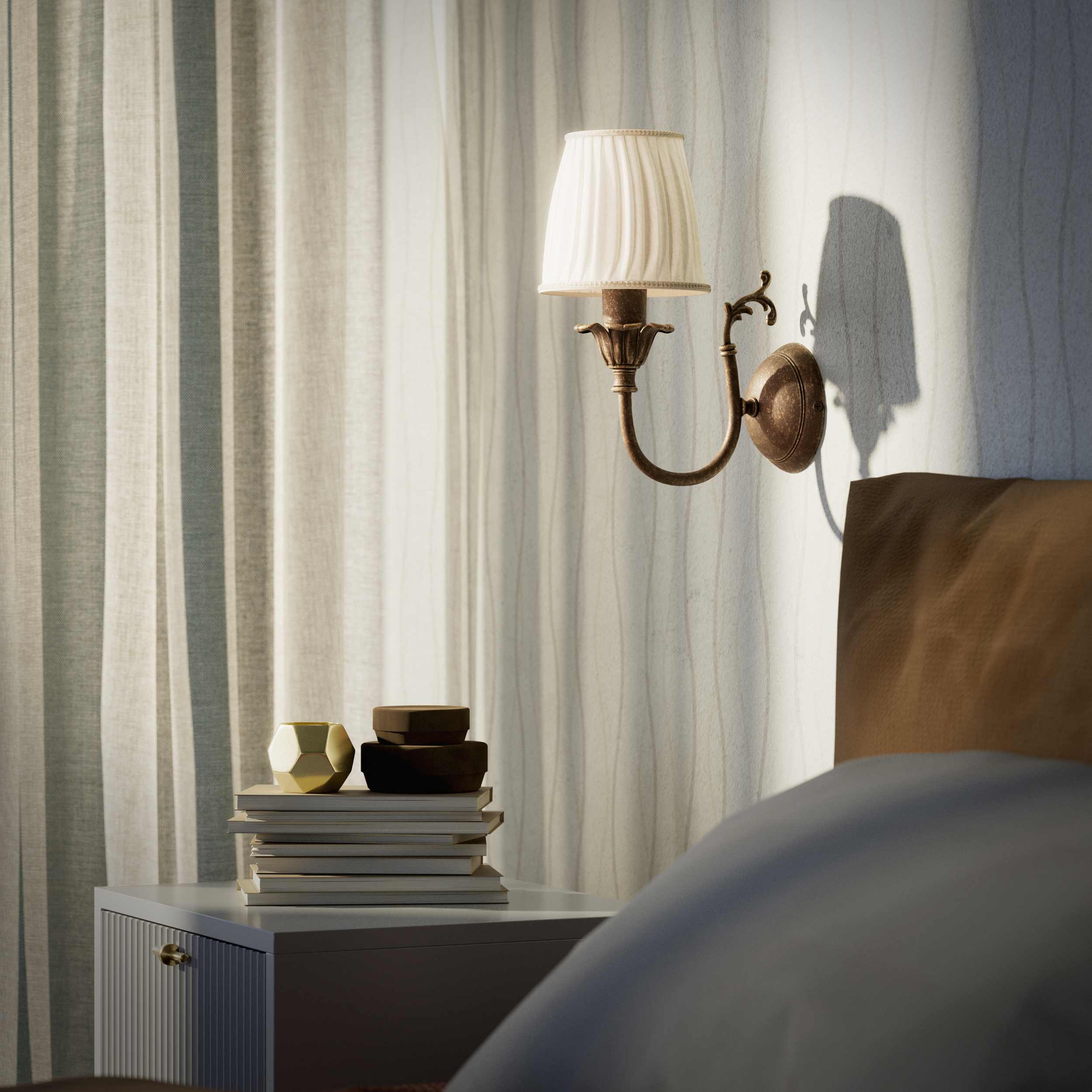 Classic brass wall lamp with pleated ivory white shade, decorative arm and floral details for elegant wall lighting - Finish: OAS Antique Brass