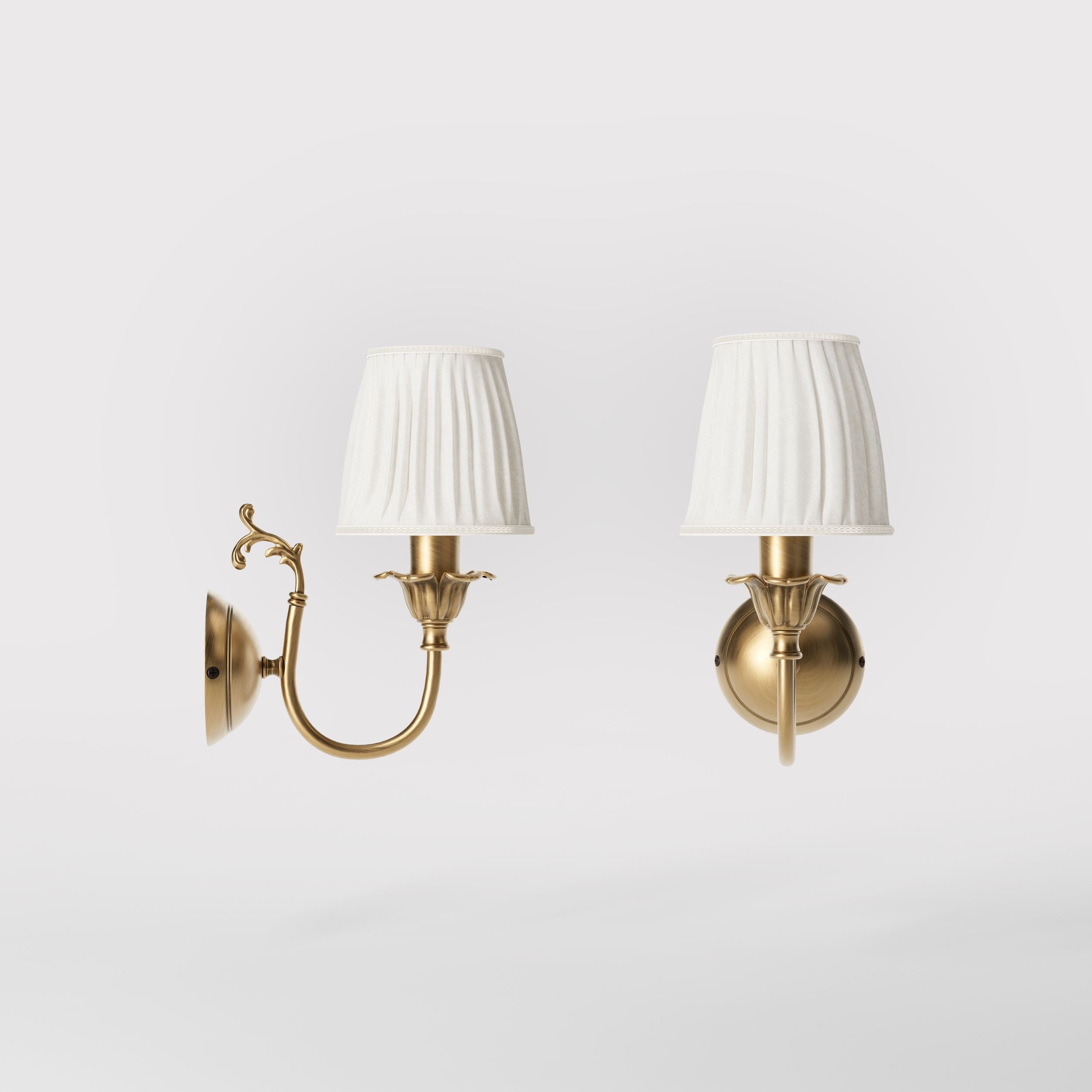 Classic brass wall lamp with pleated ivory white shade, decorative arm and floral details for elegant wall lighting - Finish: OBS Bronze Satin Brass